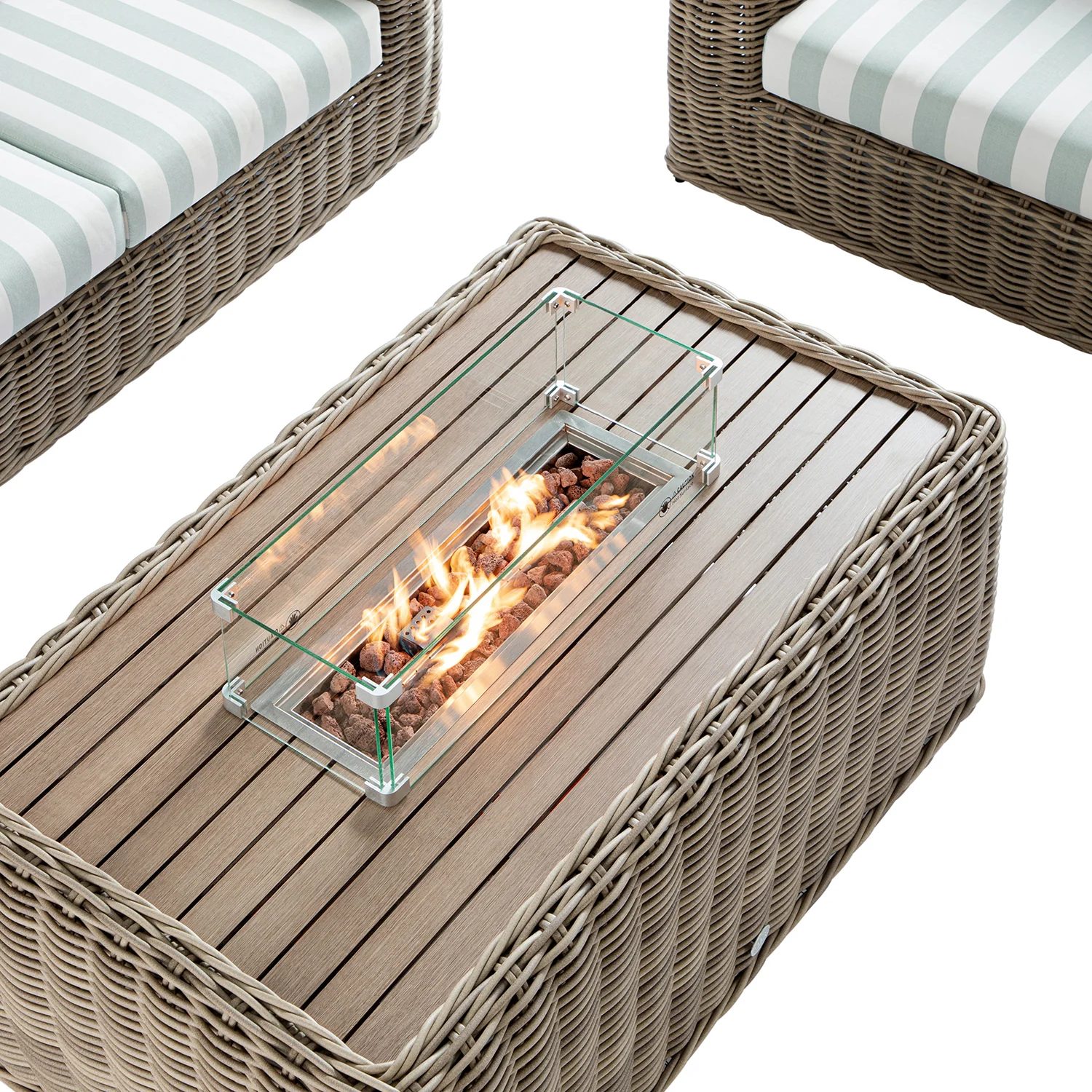 Bellagio Round Wicker Sofa Set with Firepit Coffee Table, Natural with Sage Stripe - Image 7