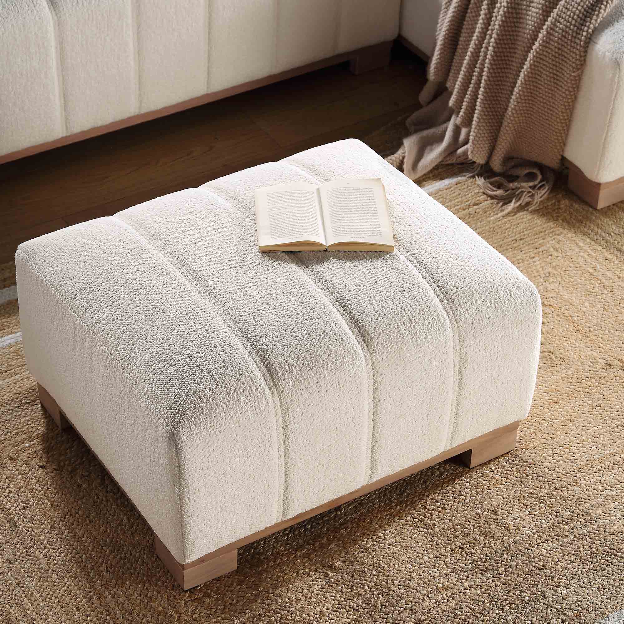 Belsize Beige Boucle Footstool with Wooden Base - Image 3