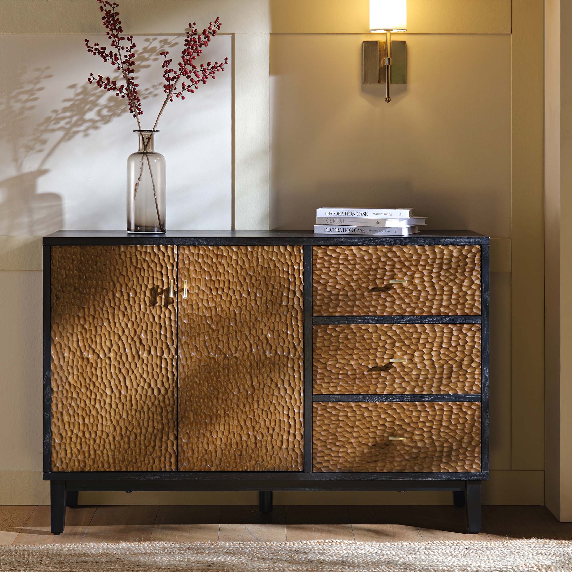 Bianca Chip Carved 2-Door 3-Drawer Sideboard, Antique Bronze & Black - Image 2