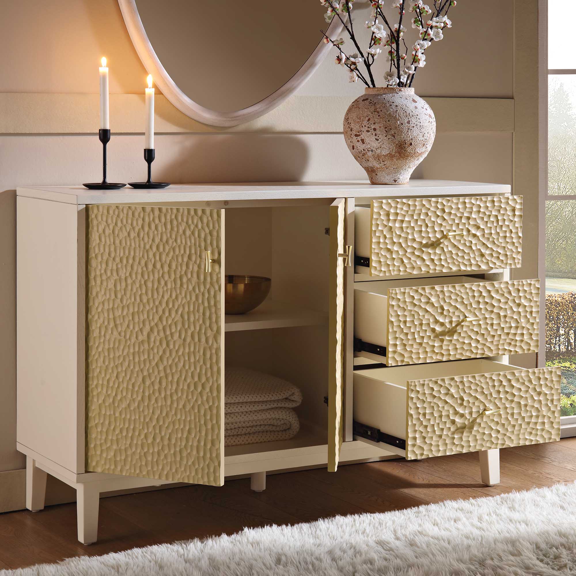 Bianca Chip Carved 2-Door 3-Drawer Sideboard, Sand Beige & Ivory - Image 3