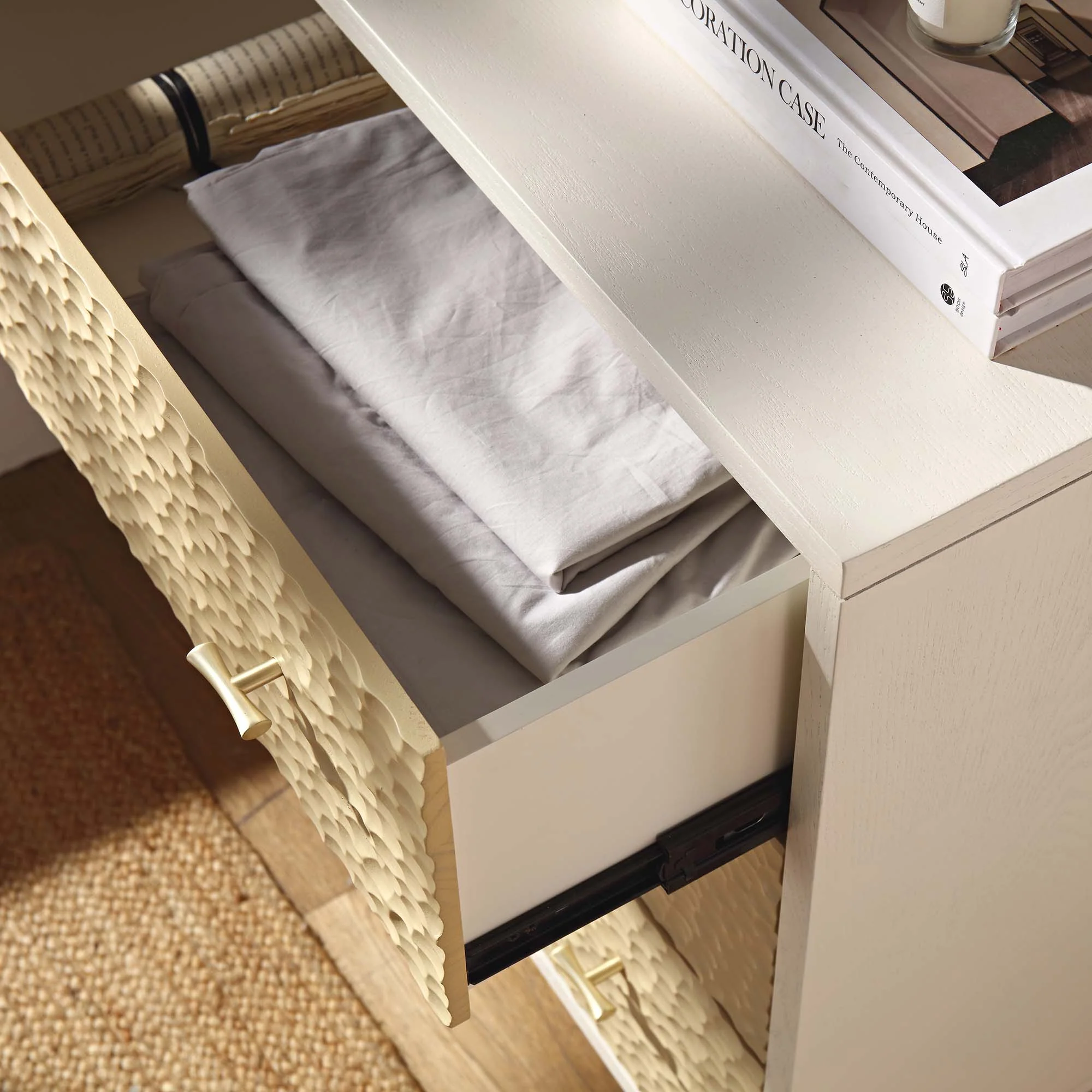Bianca Chip Carved 3 Drawer Chest, Sand Beige & Ivory - Image 3