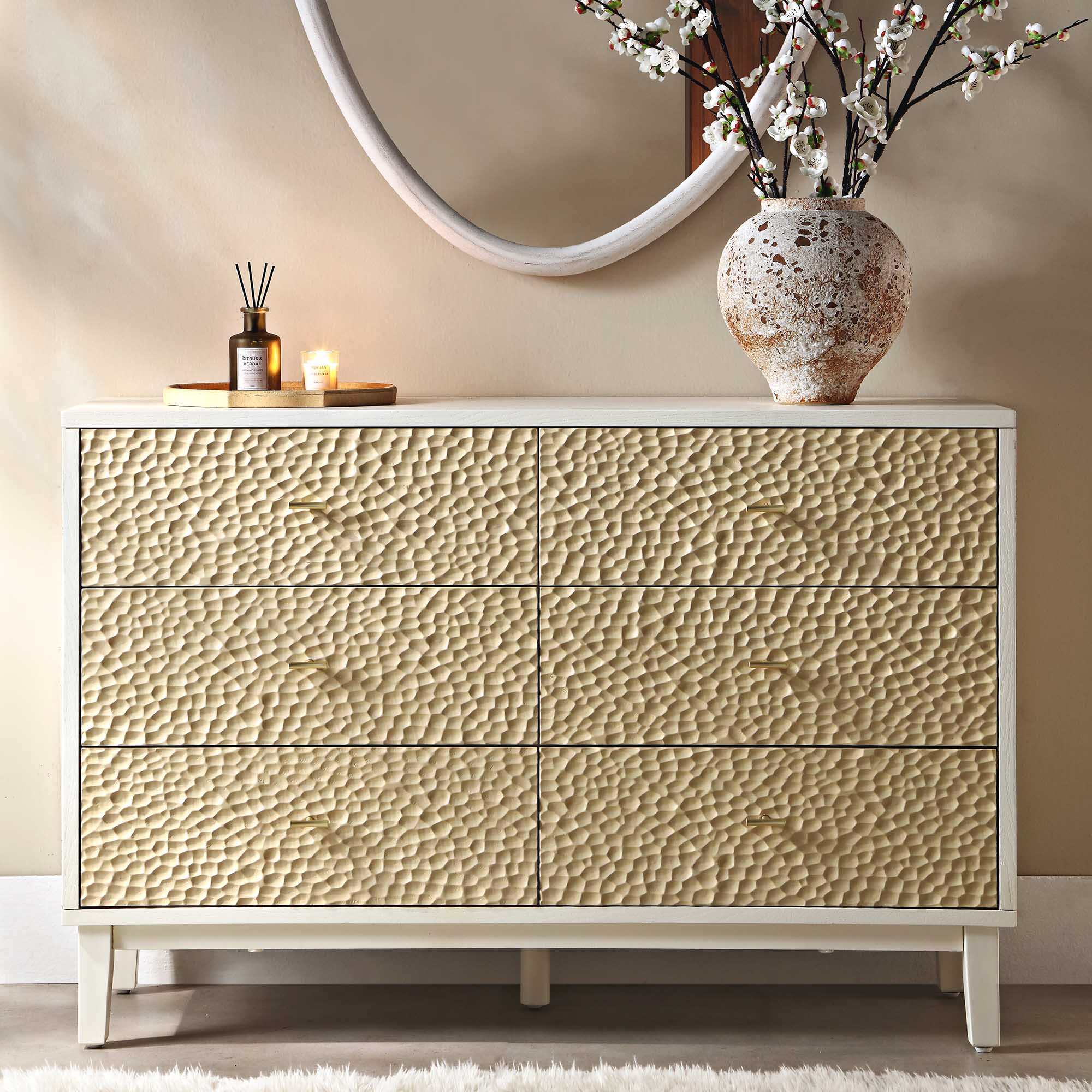 Bianca Chip Carved 6 Drawer Chest, Sand Beige & Ivory - Image 2
