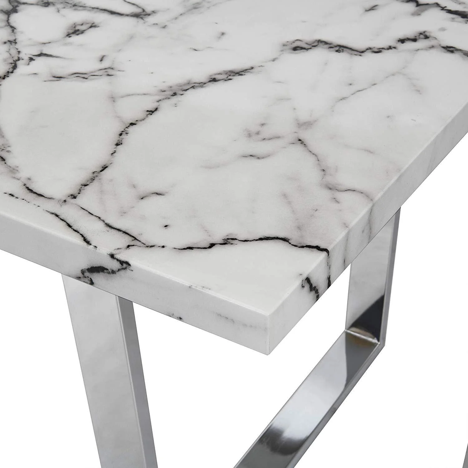 BIASCA 6-Seater High Gloss Marble Effect Dining Table with Silver Chrome Legs White - Image 6