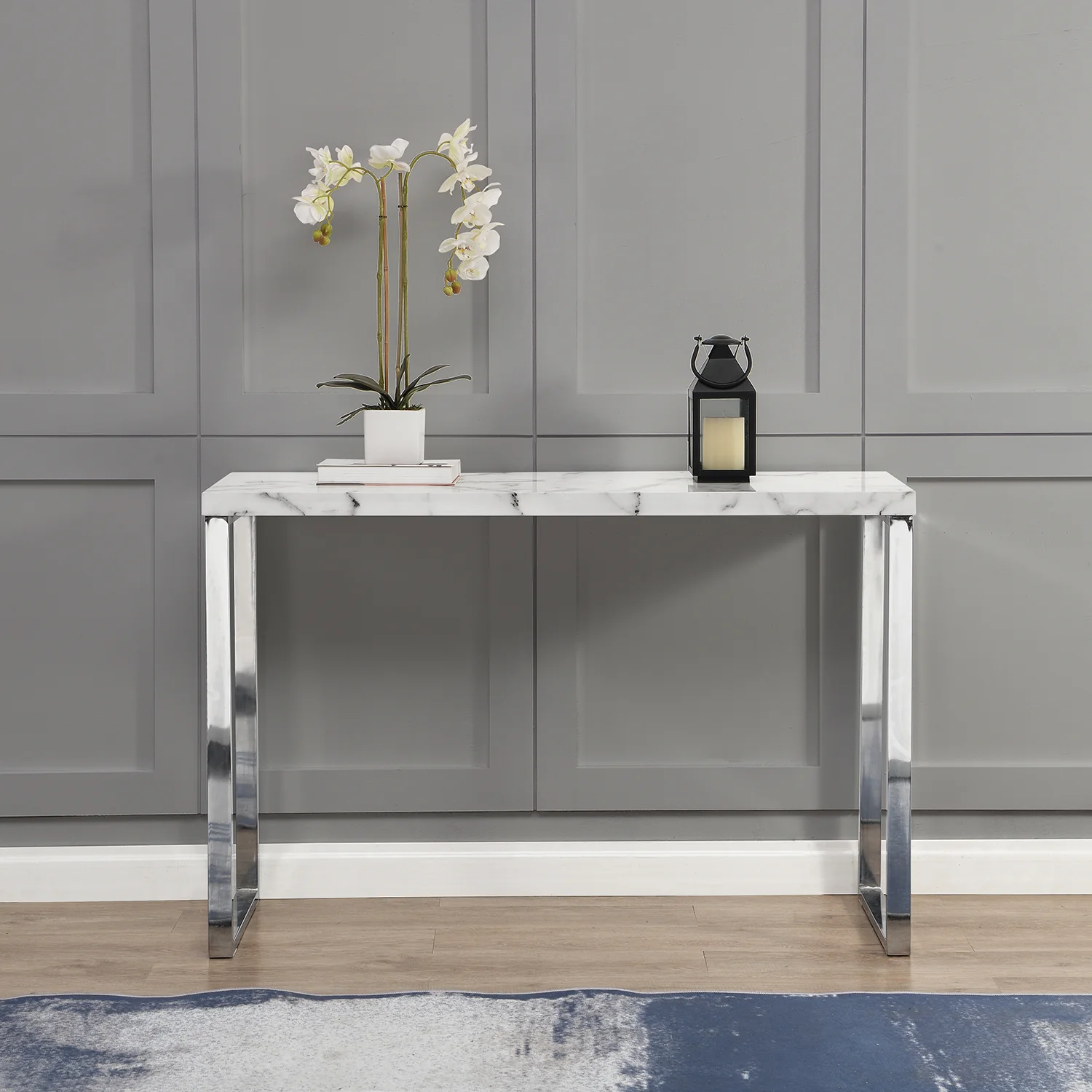 BIASCA High Gloss Marble Effect 120cm Console Table with Silver Chrome Legs - Image 2