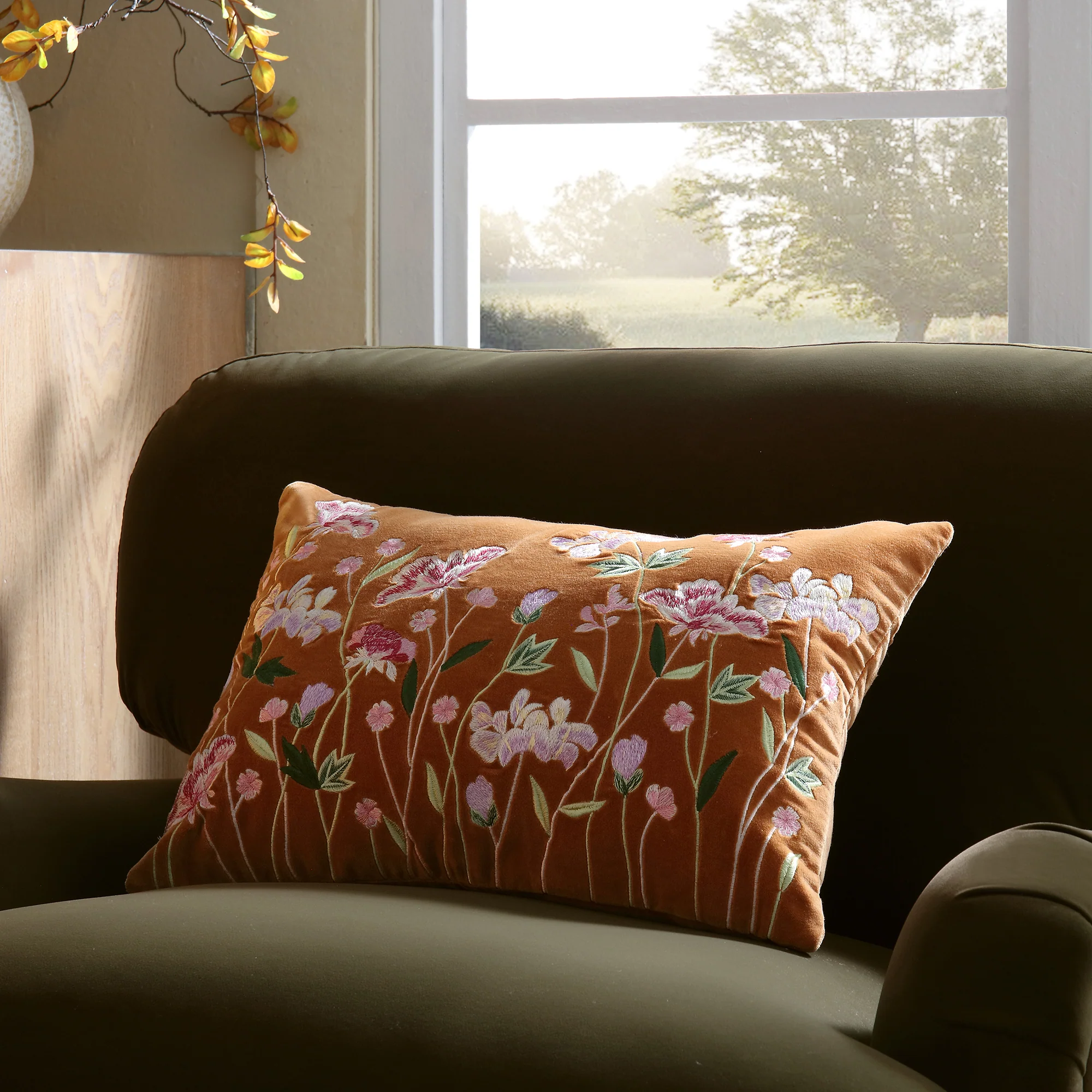 Botanica Collection Apricot Velvet Hand Embroidered Cushion - Image 2