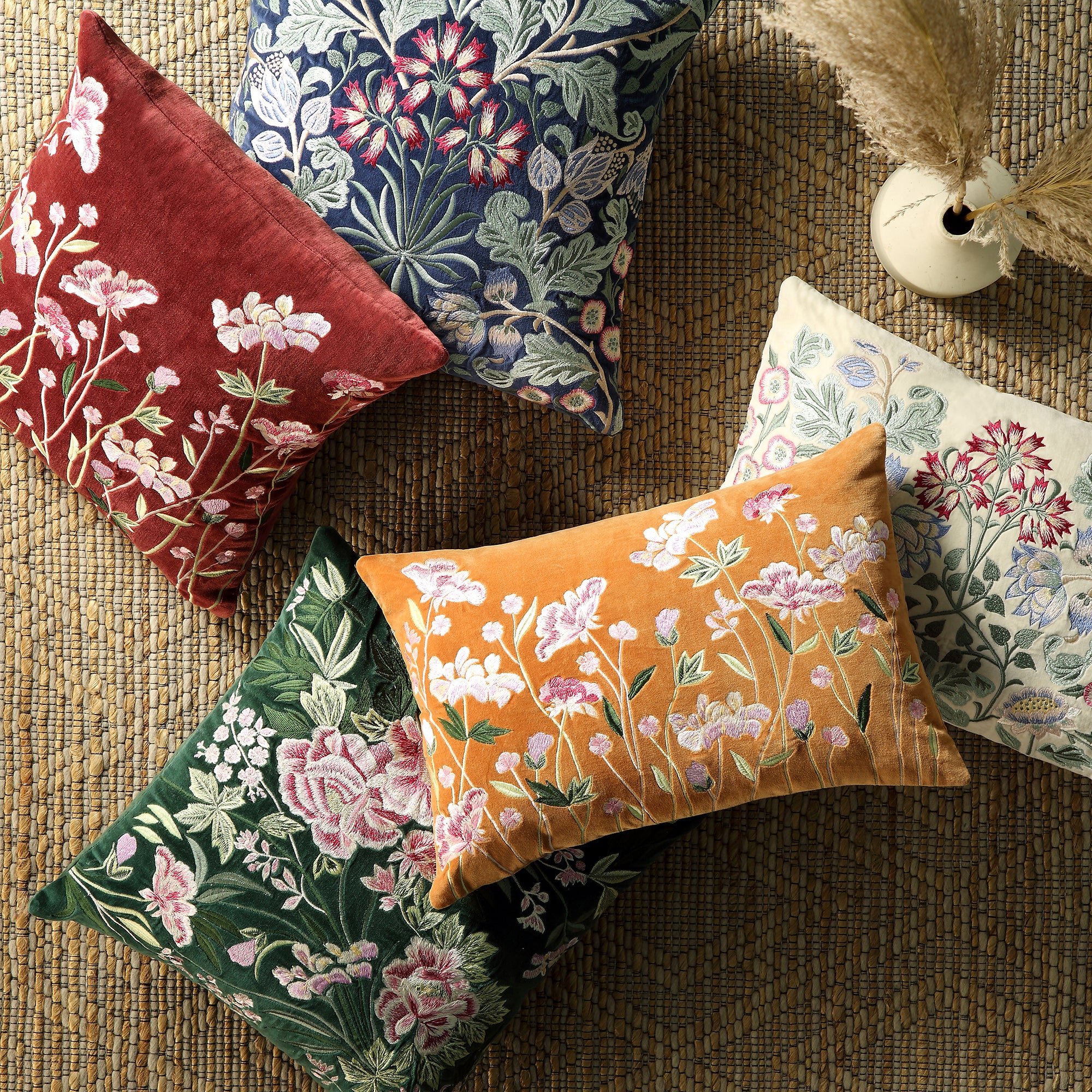 Botanica Collection Midnight Blue Velvet Hand Embroidered Cushion - Image 2