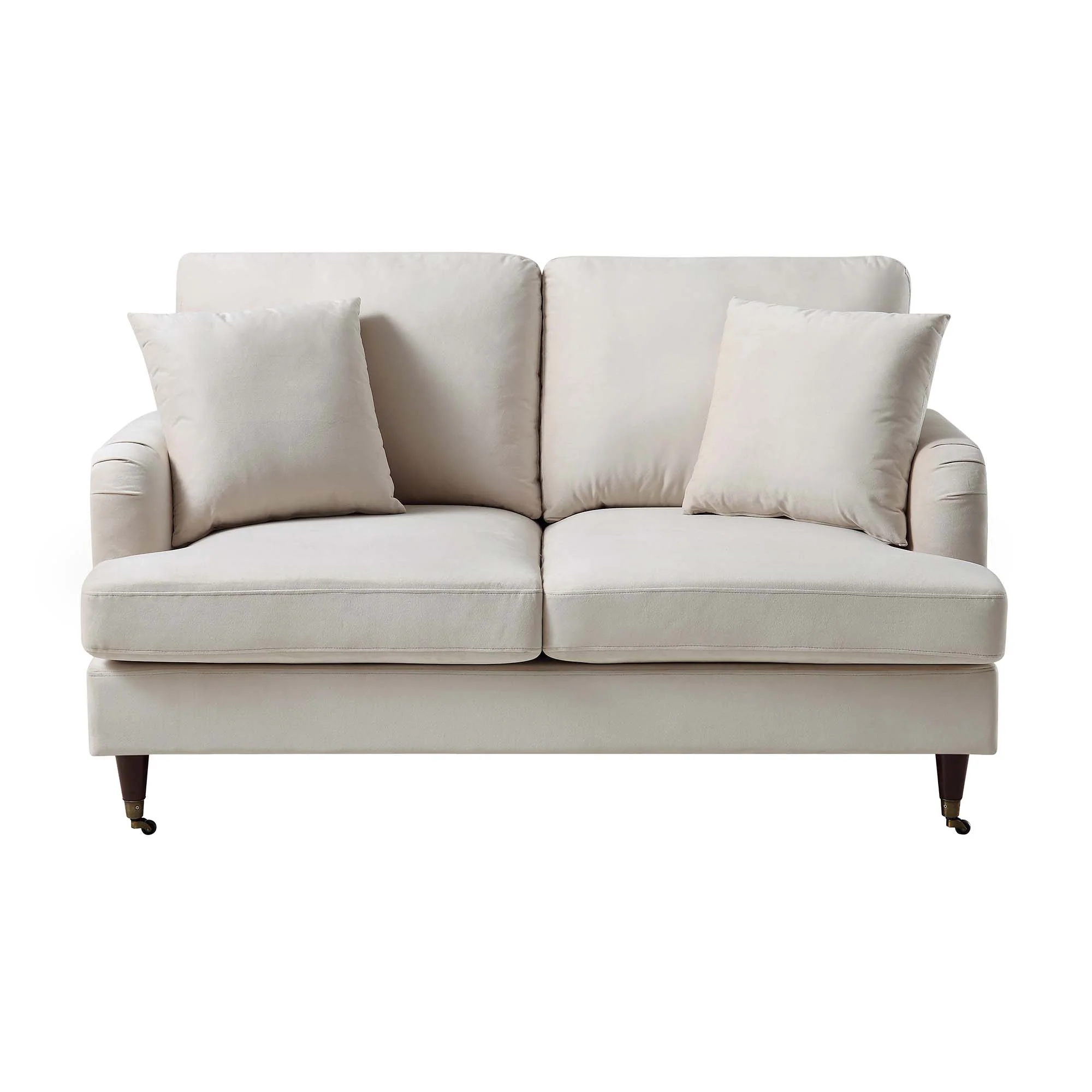 Brigette 2-Seater Beige Velvet Sofa with Antique Brass Castor Legs - Image 4