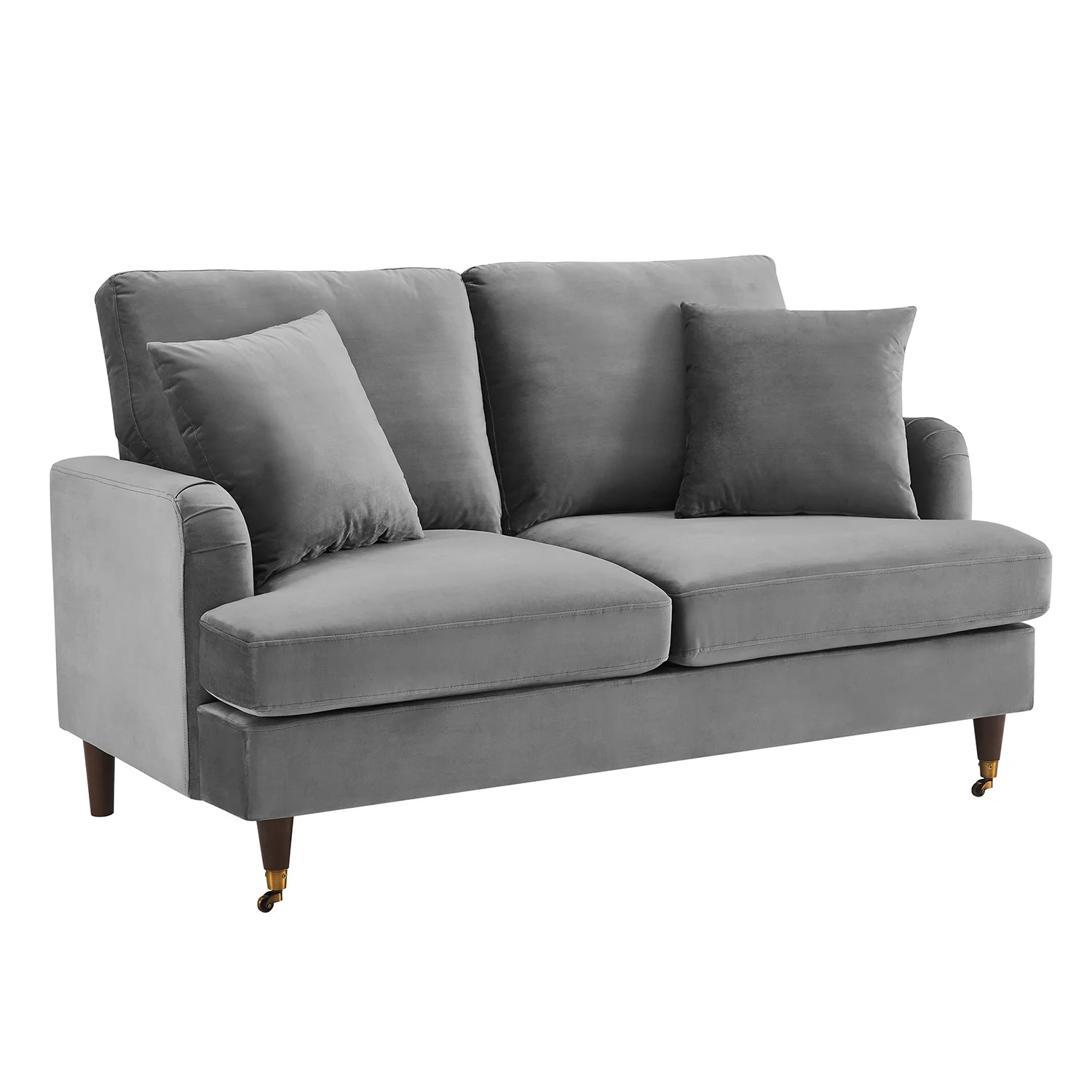 Brigette 2-Seater Grey Velvet Sofa with Antique Brass Castor Legs - Image 5