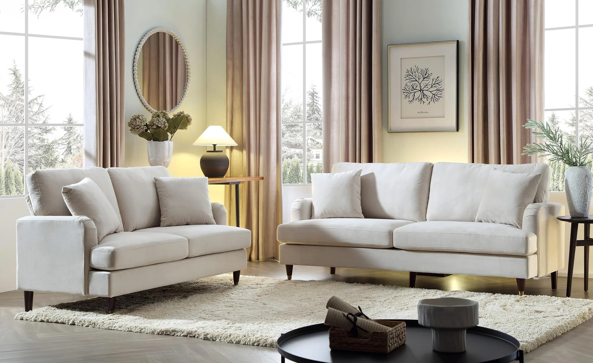 Brigette 2-Seater Beige Velvet Sofa with Antique Brass Castor Legs - Image 3