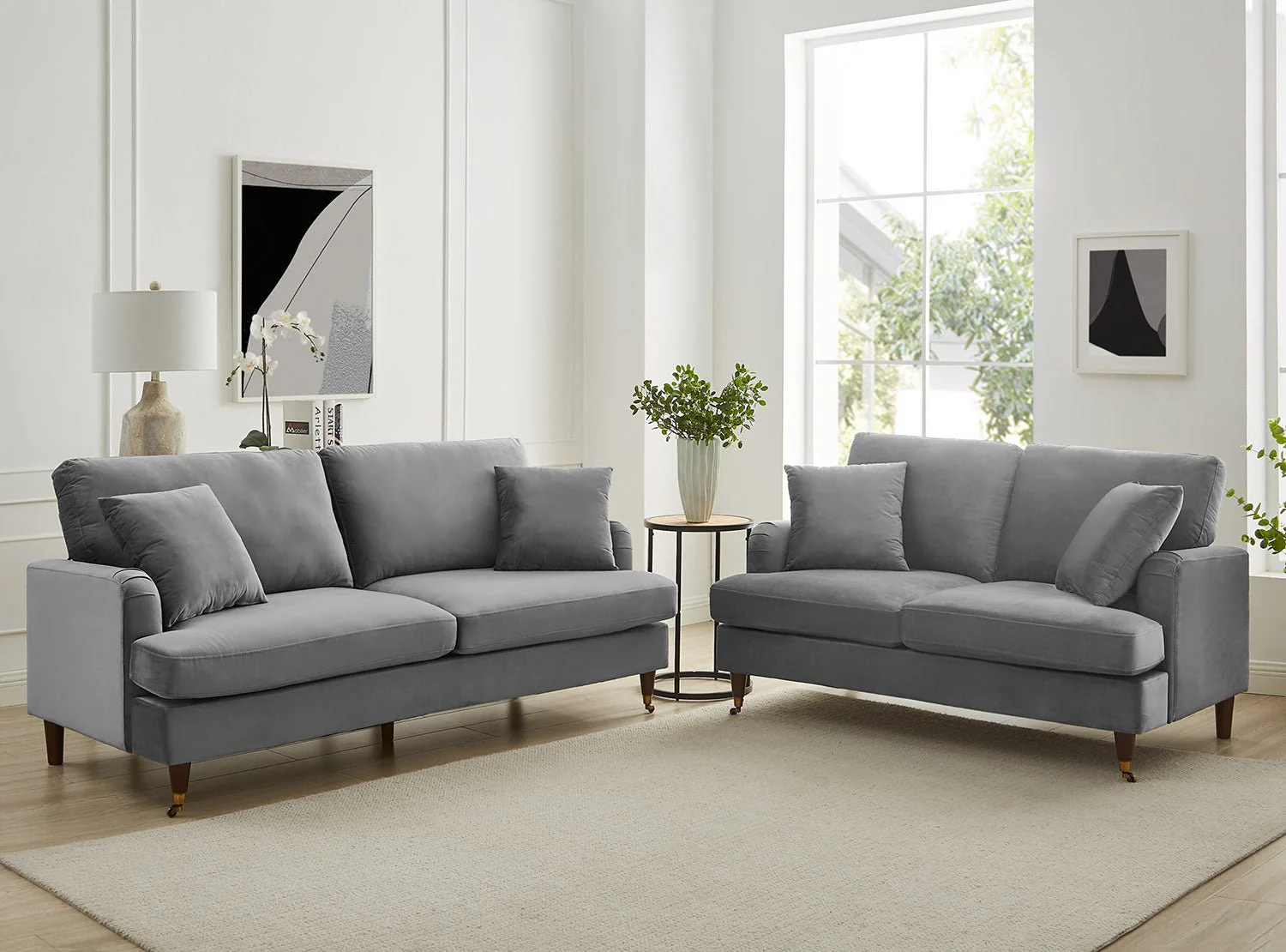 Brigette 3 Seater Grey Velvet Sofa with Antique Brass Castor Legs - Image 3