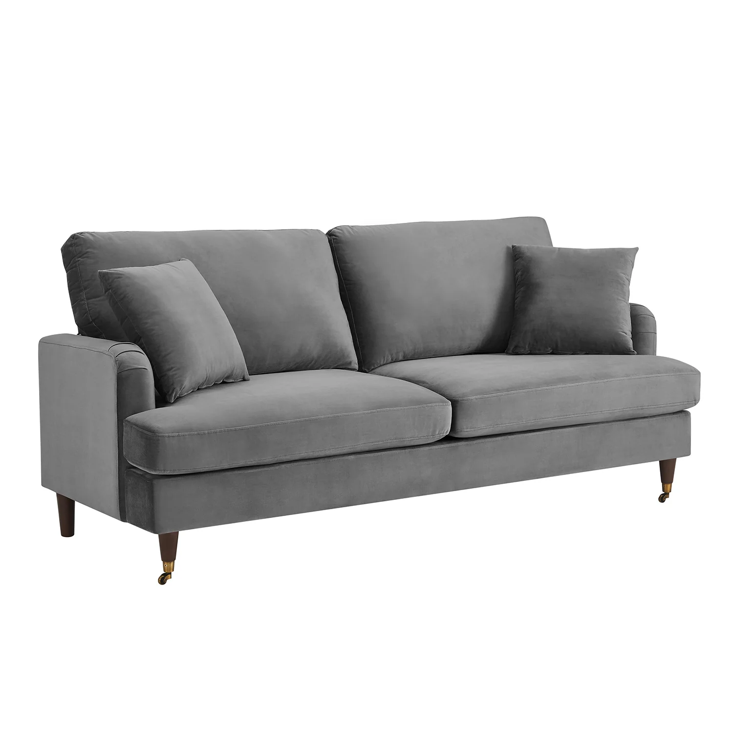 Brigette 3 Seater Grey Velvet Sofa with Antique Brass Castor Legs - Image 5
