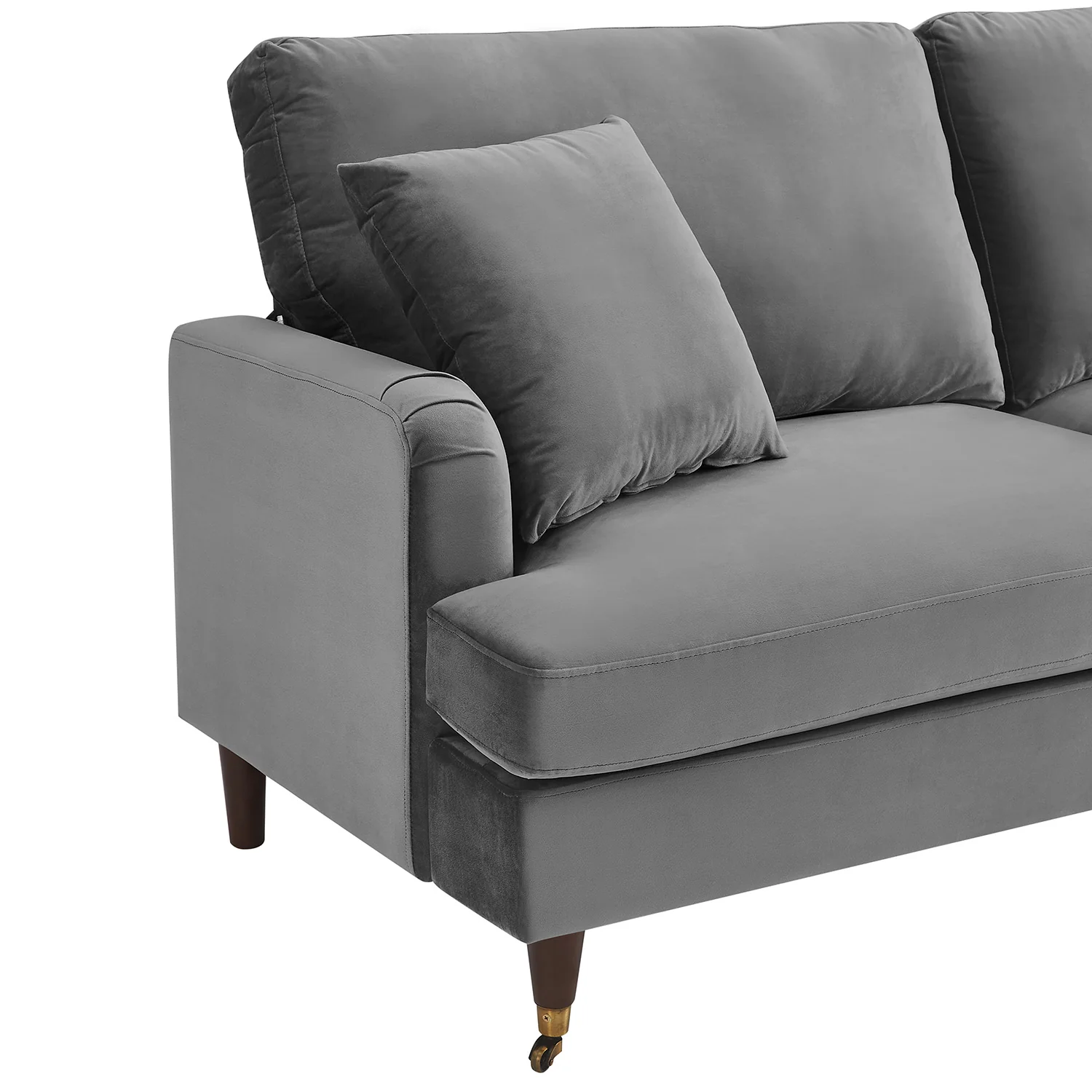 Brigette 3 Seater Grey Velvet Sofa with Antique Brass Castor Legs - Image 9