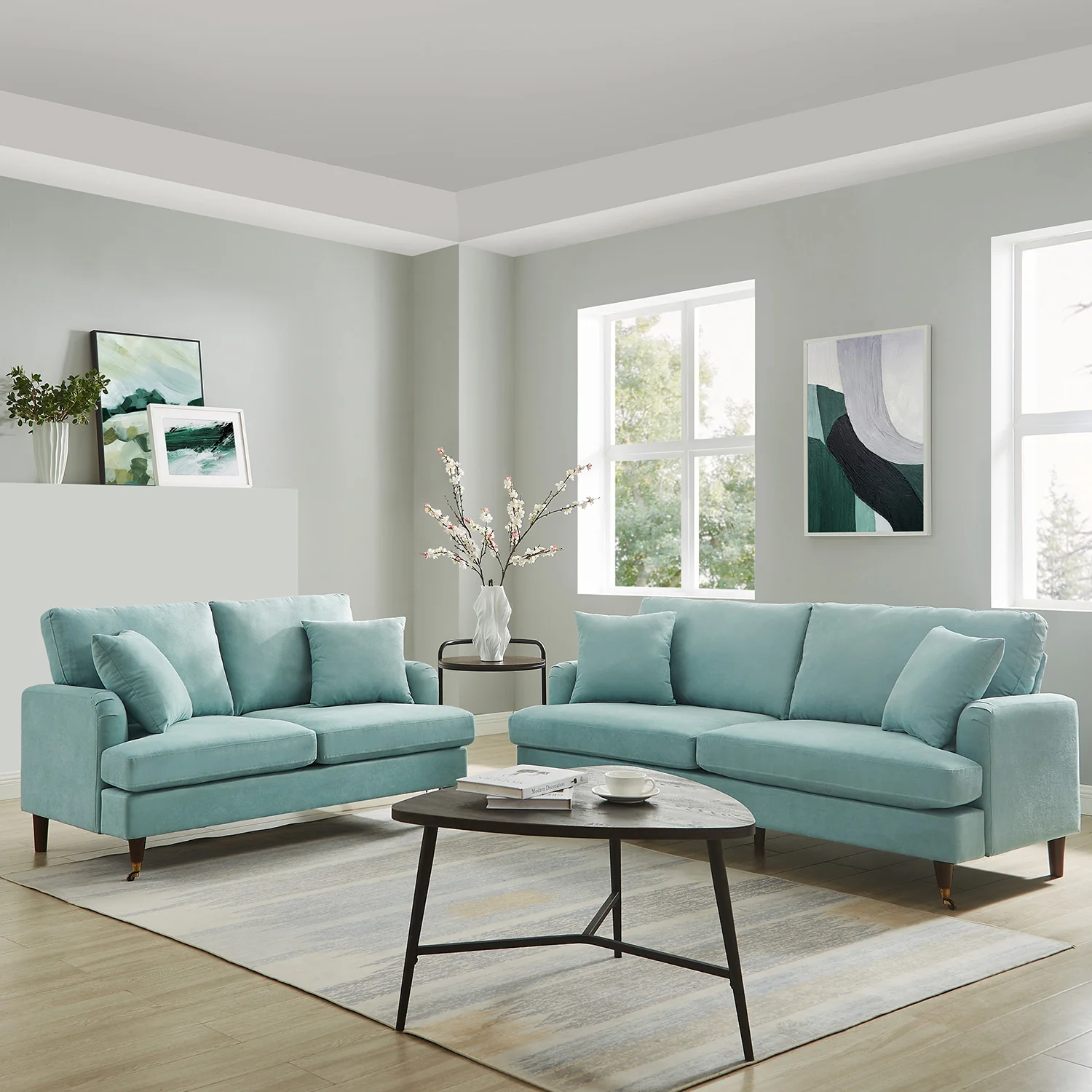 Brigette 3-Seater Mint Soft Brushed Sofa with Antique Brass Castor Legs - Image 3