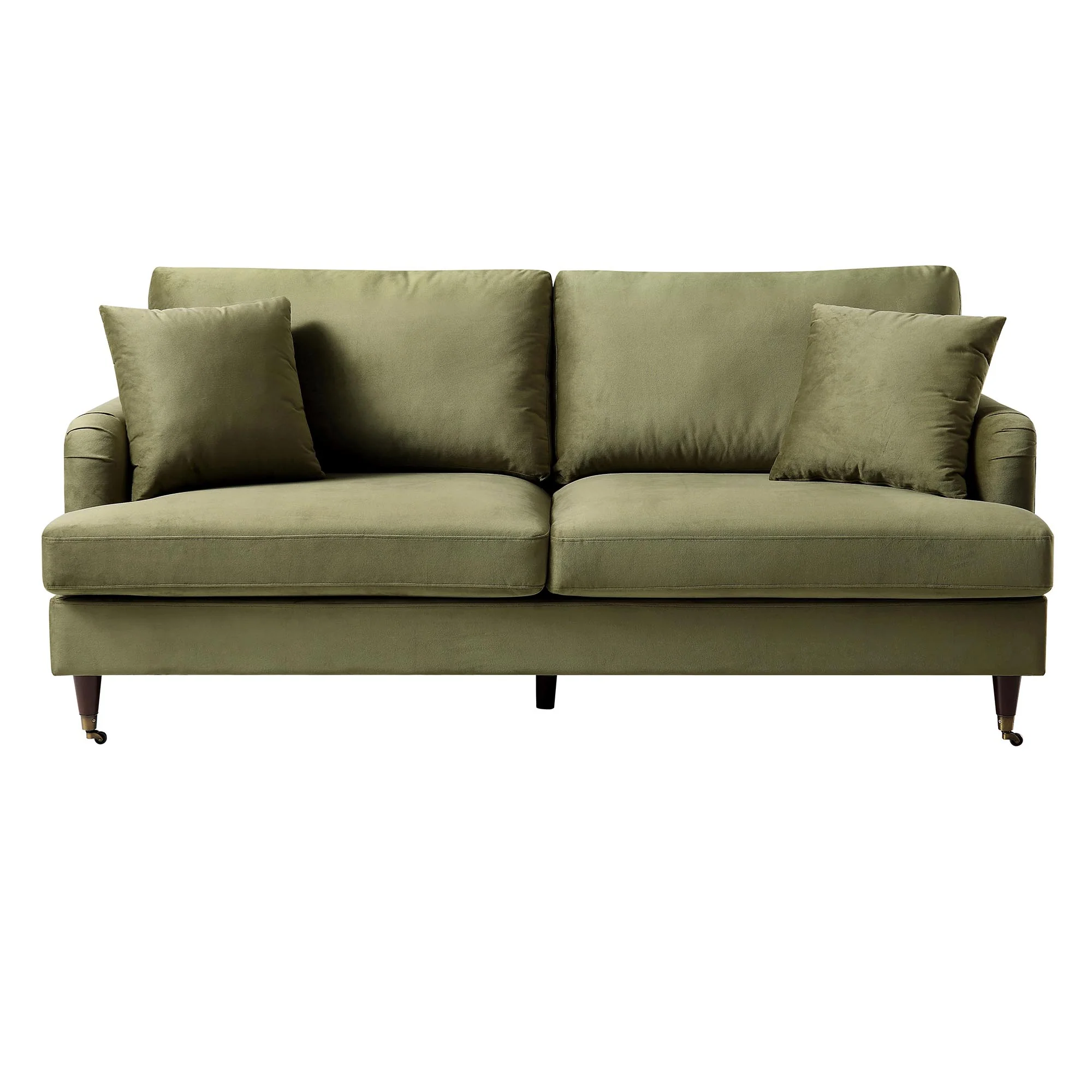 Brigette 3-Seater Olive Green Velvet Sofa with Antique Brass Castor Legs - Image 4