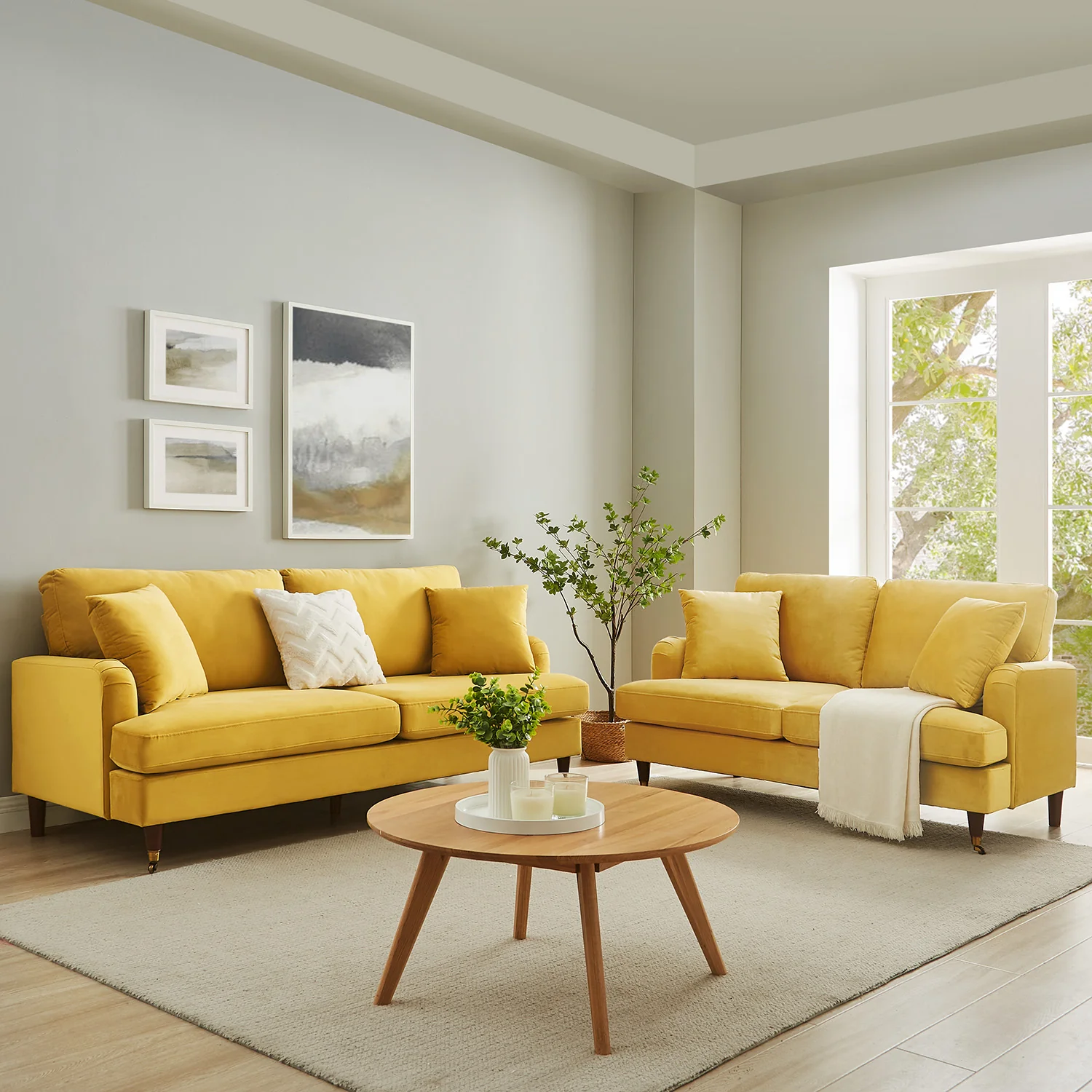 Brigette 3-Seater Mustard Velvet Sofa with Antique Brass Castor Legs - Image 3