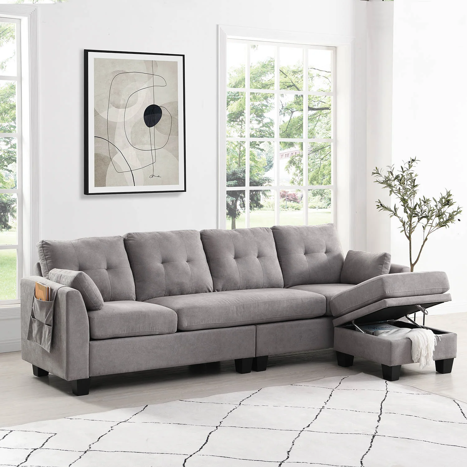 Brunswick Large 4-Seater Storage Chaise Sofa in Light Grey - Image 3