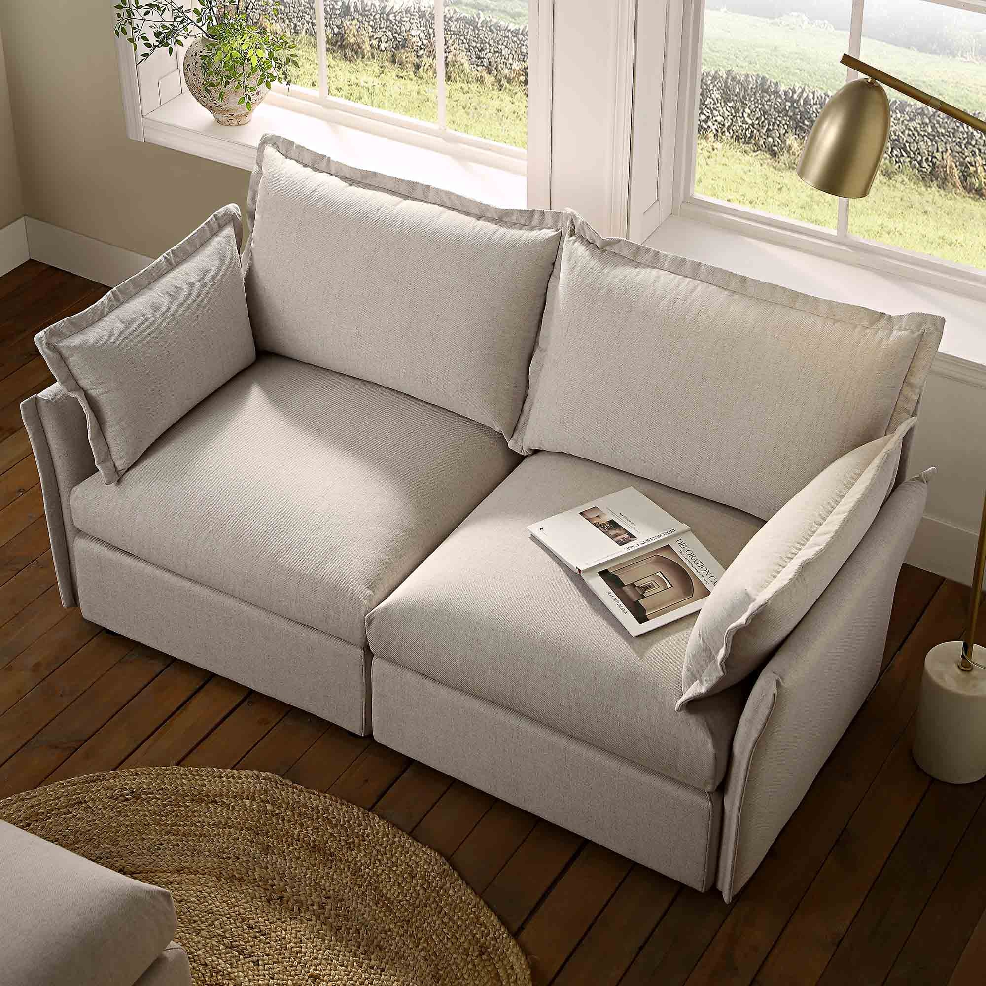 Byron Pillow Edge Beige Fabric Modular Sofa, 2-Seater - Image 3