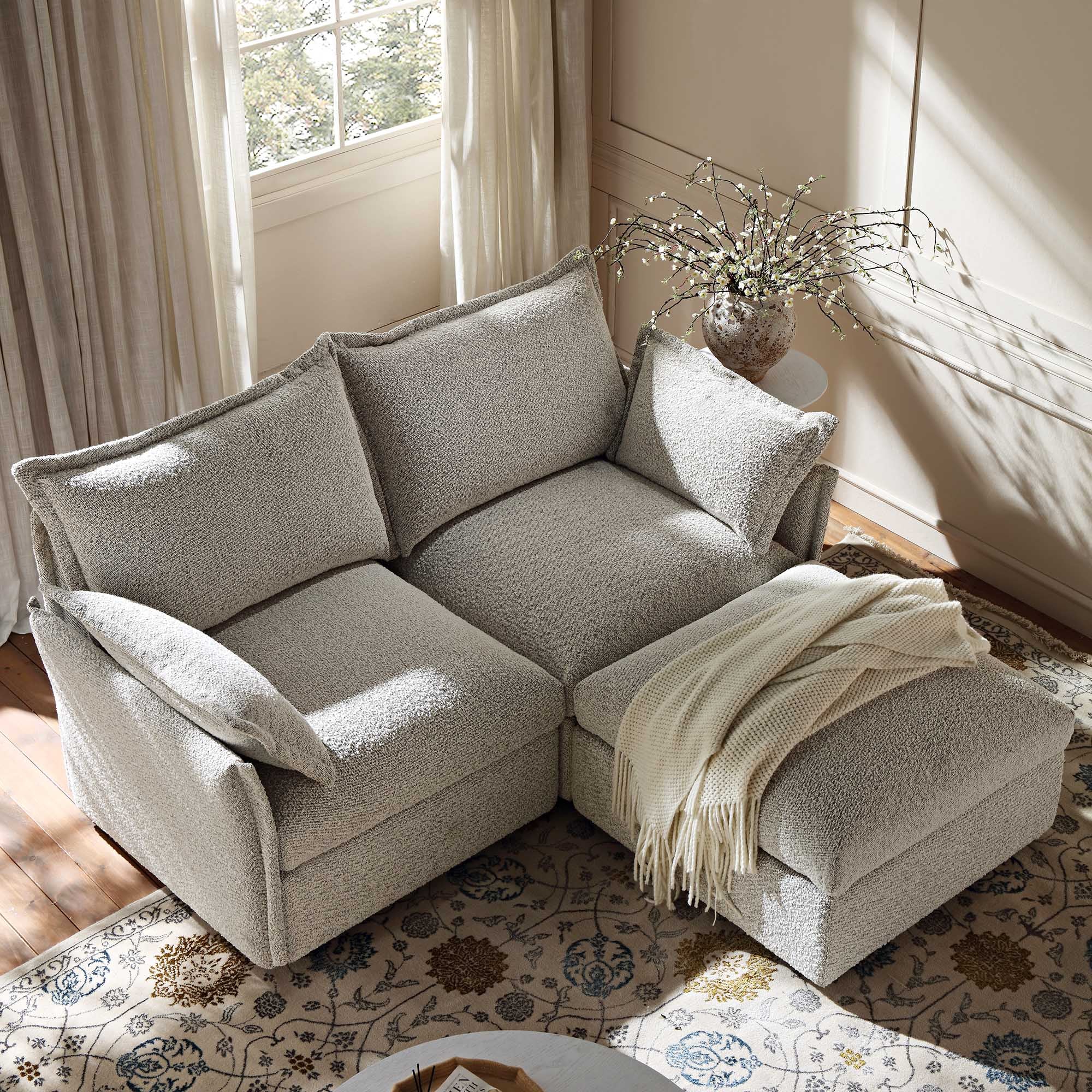 Byron Pillow Edge Mist Grey Boucle Modular Sofa, 2-Seater Chaise - Image 2