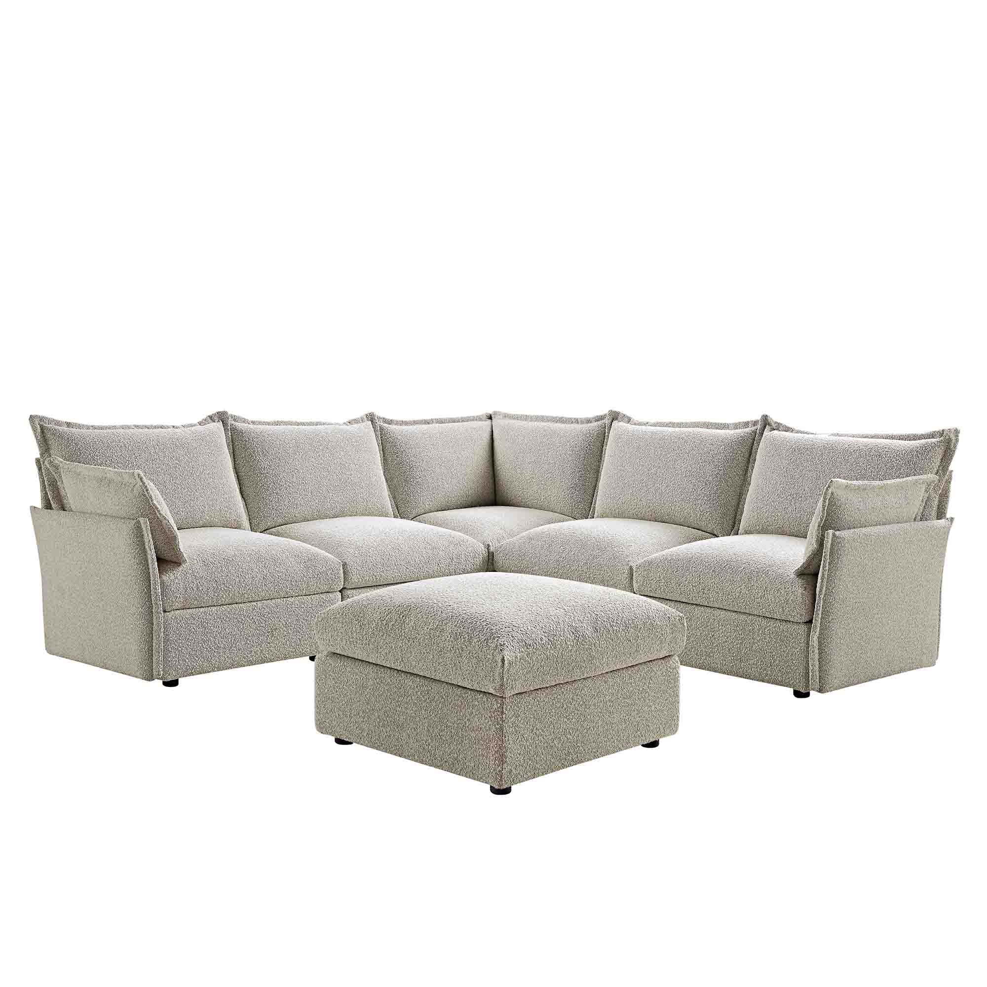 Byron Pillow Edge Mist Grey Boucle Modular Sofa, 5-Seater Corner & Stool Set - Image 4