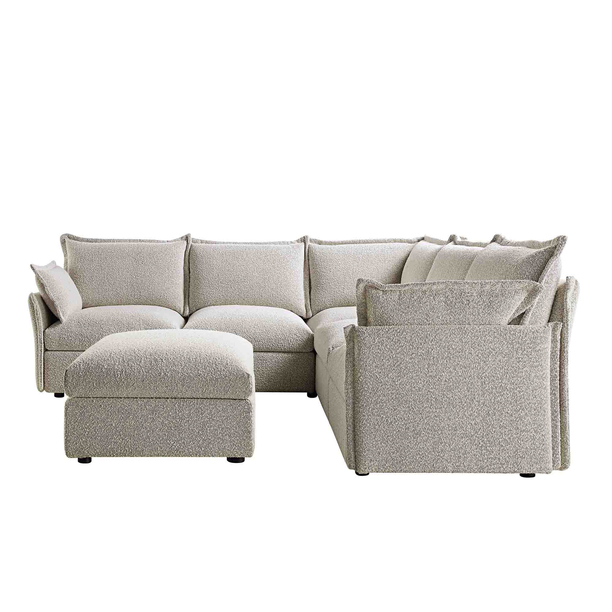 Byron Pillow Edge Mist Grey Boucle Modular Sofa, 5-Seater Corner & Stool Set - Image 7