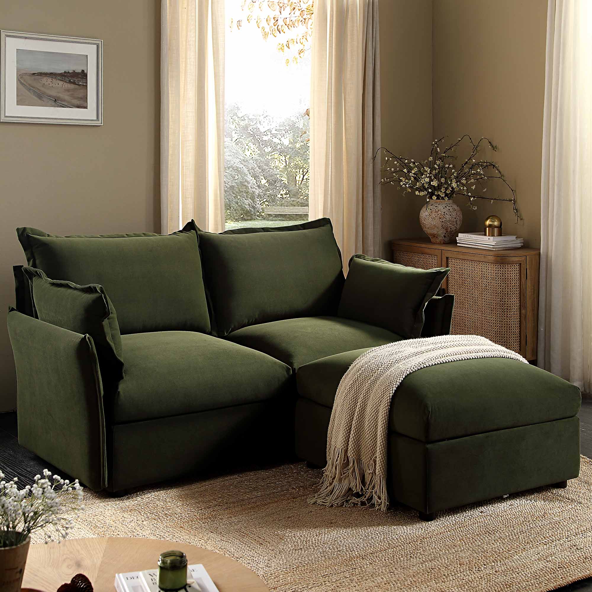 Byron Pillow Edge Moss Green Velvet Modular Sofa, 2-Seater Chaise - Image 2