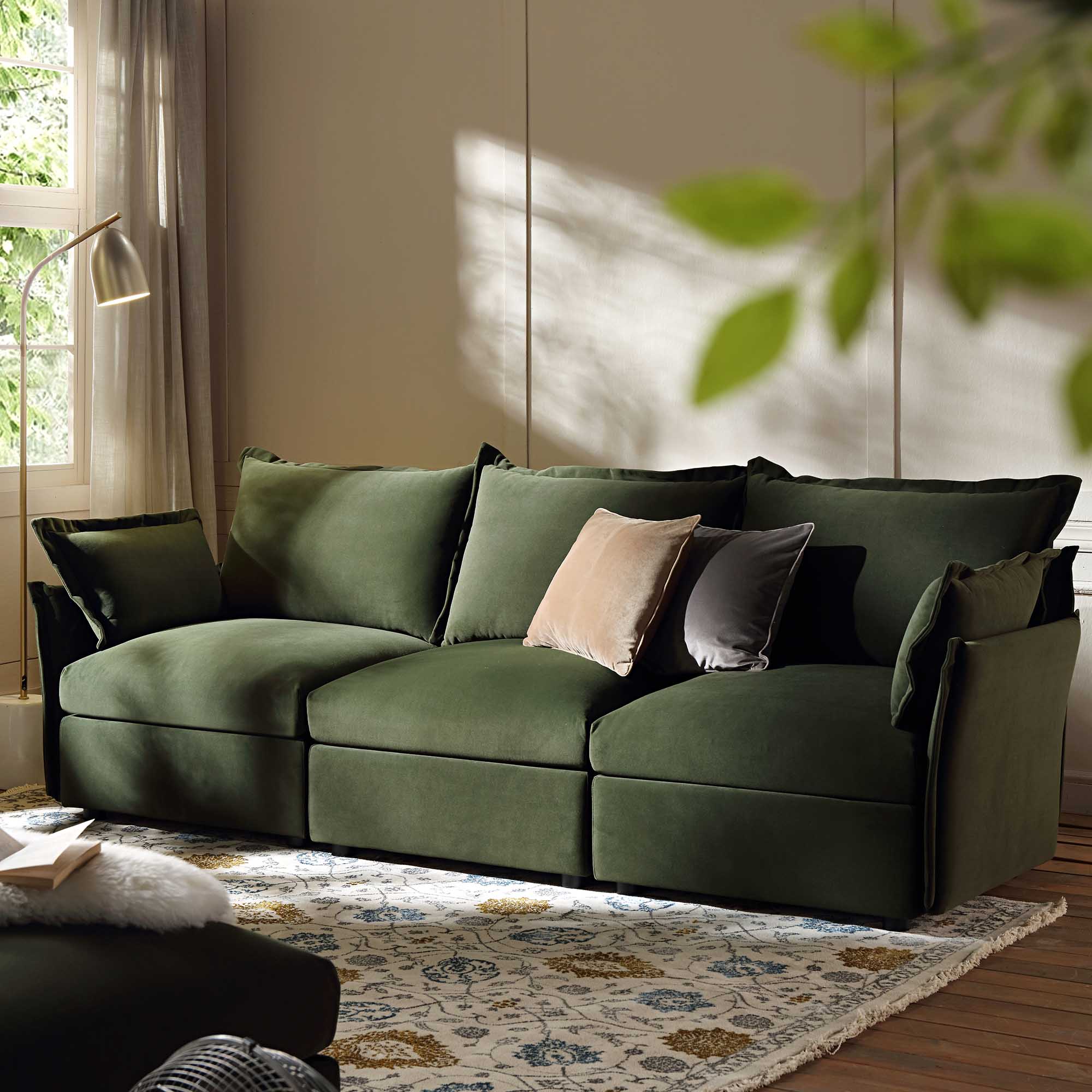 Byron Pillow Edge Moss Green Velvet Modular Sofa, 3-Seater - Image 2