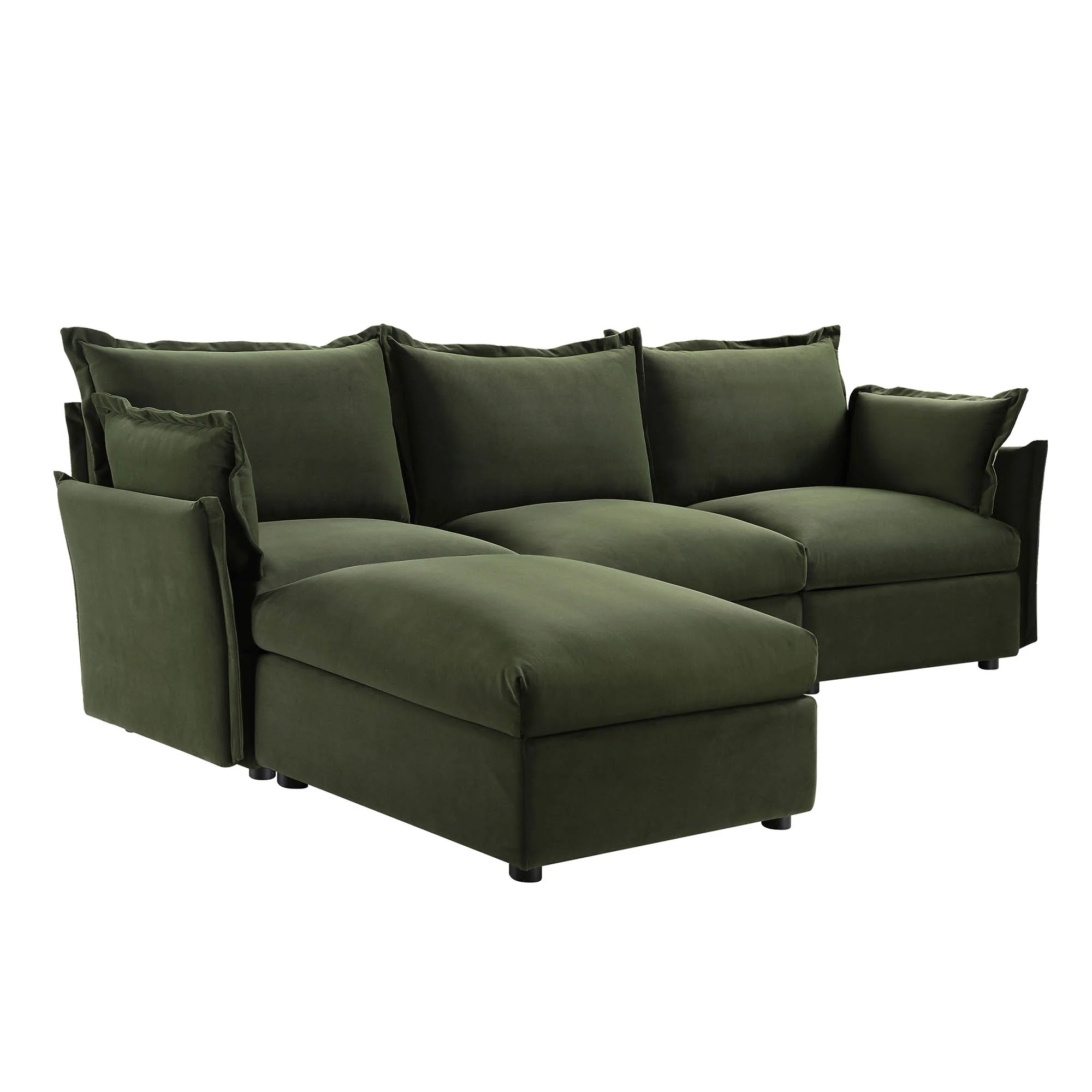 Byron Pillow Edge Moss Green Velvet Modular Sofa, 3-Seater Chaise - Image 7