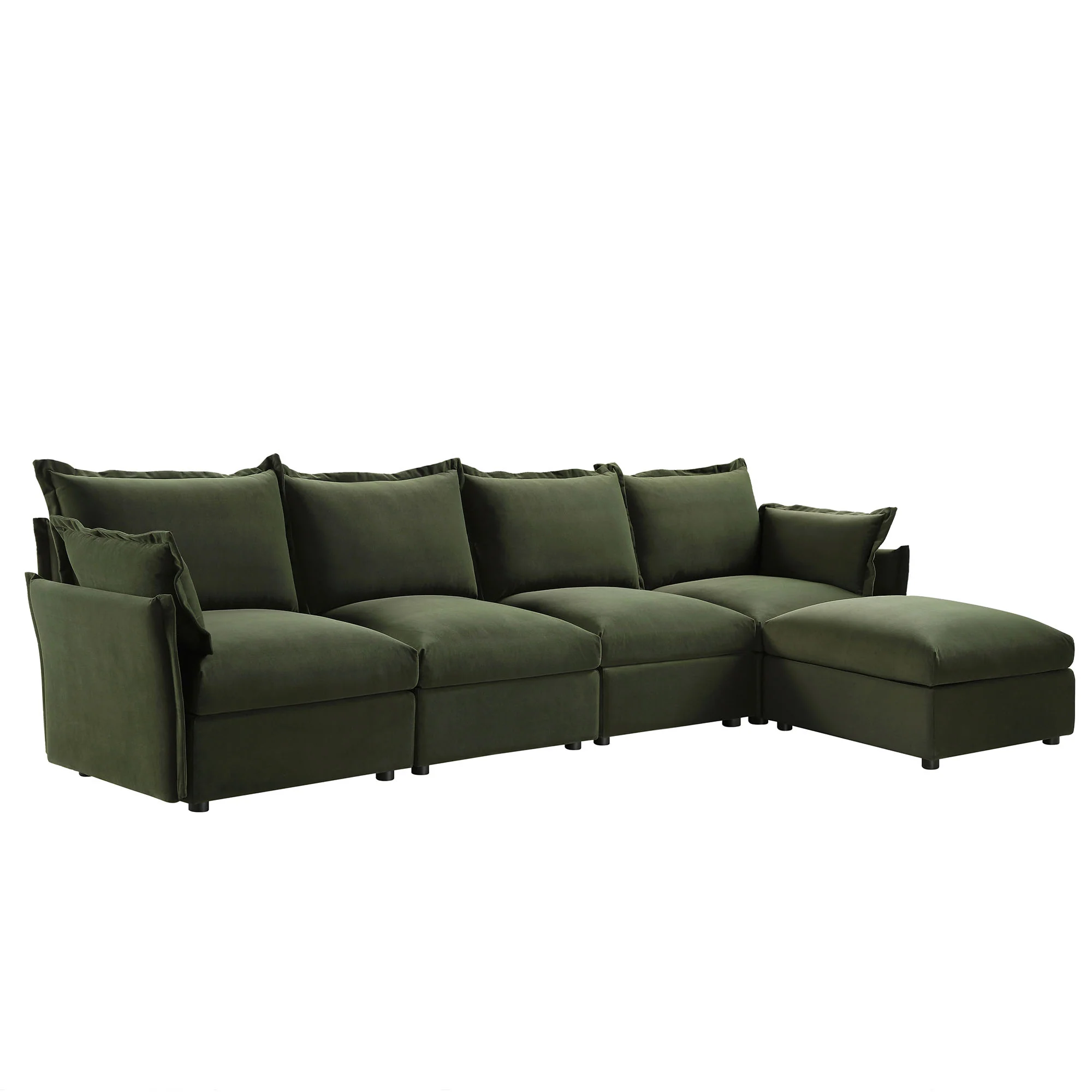 Byron Pillow Edge Moss Green Velvet Modular Sofa, 4-Seater Chaise - Image 4