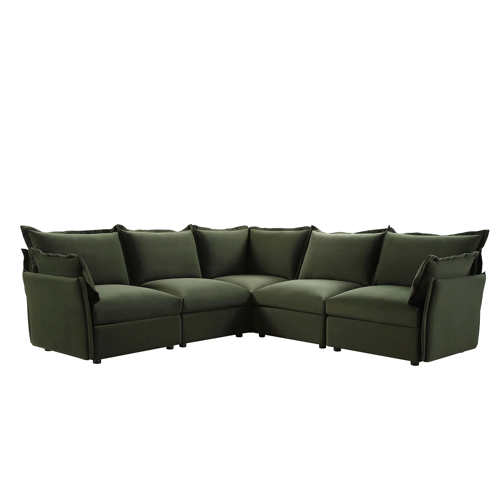 Byron Pillow Edge Moss Green Velvet Modular Sofa, 5-Seater Corner - Image 3