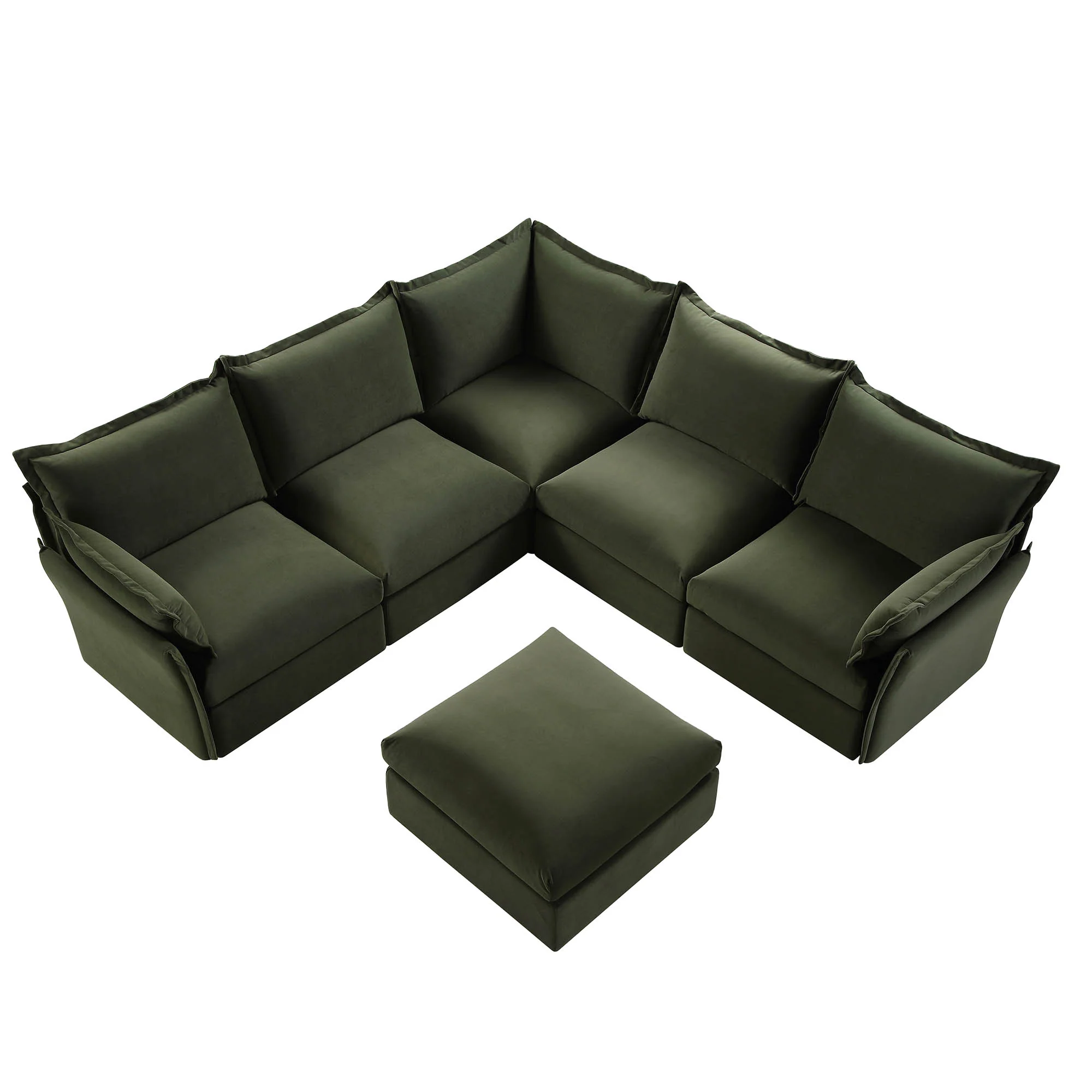 Byron Pillow Edge Moss Green Velvet Modular Sofa, 5-Seater Corner & Stool Set - Image 5