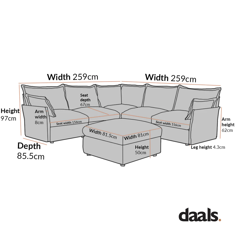 Byron Pillow Edge Beige Fabric Modular Sofa, 5-Seater Corner & Stool Set - Image 4