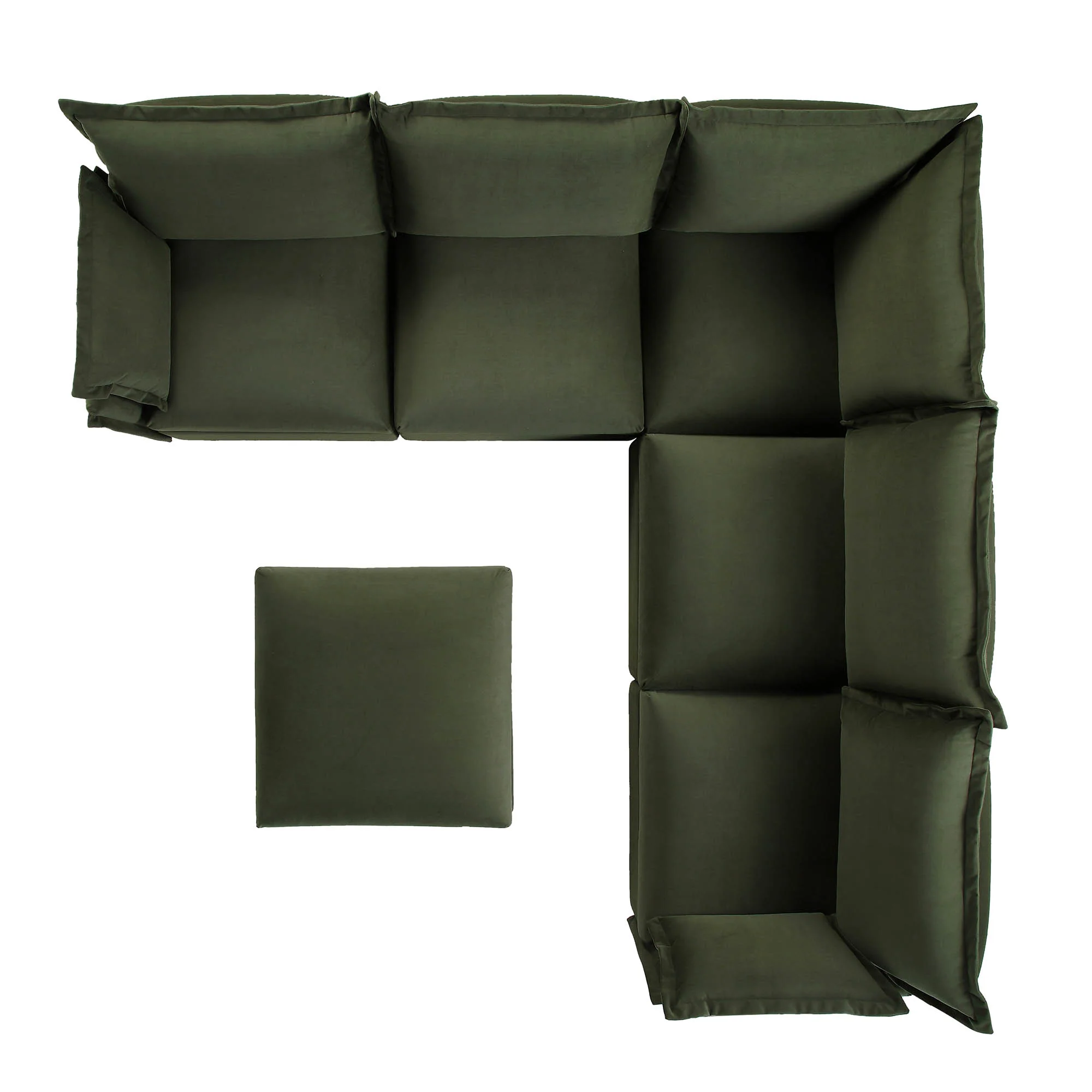 Byron Pillow Edge Moss Green Velvet Modular Sofa, 5-Seater Corner & Stool Set - Image 8