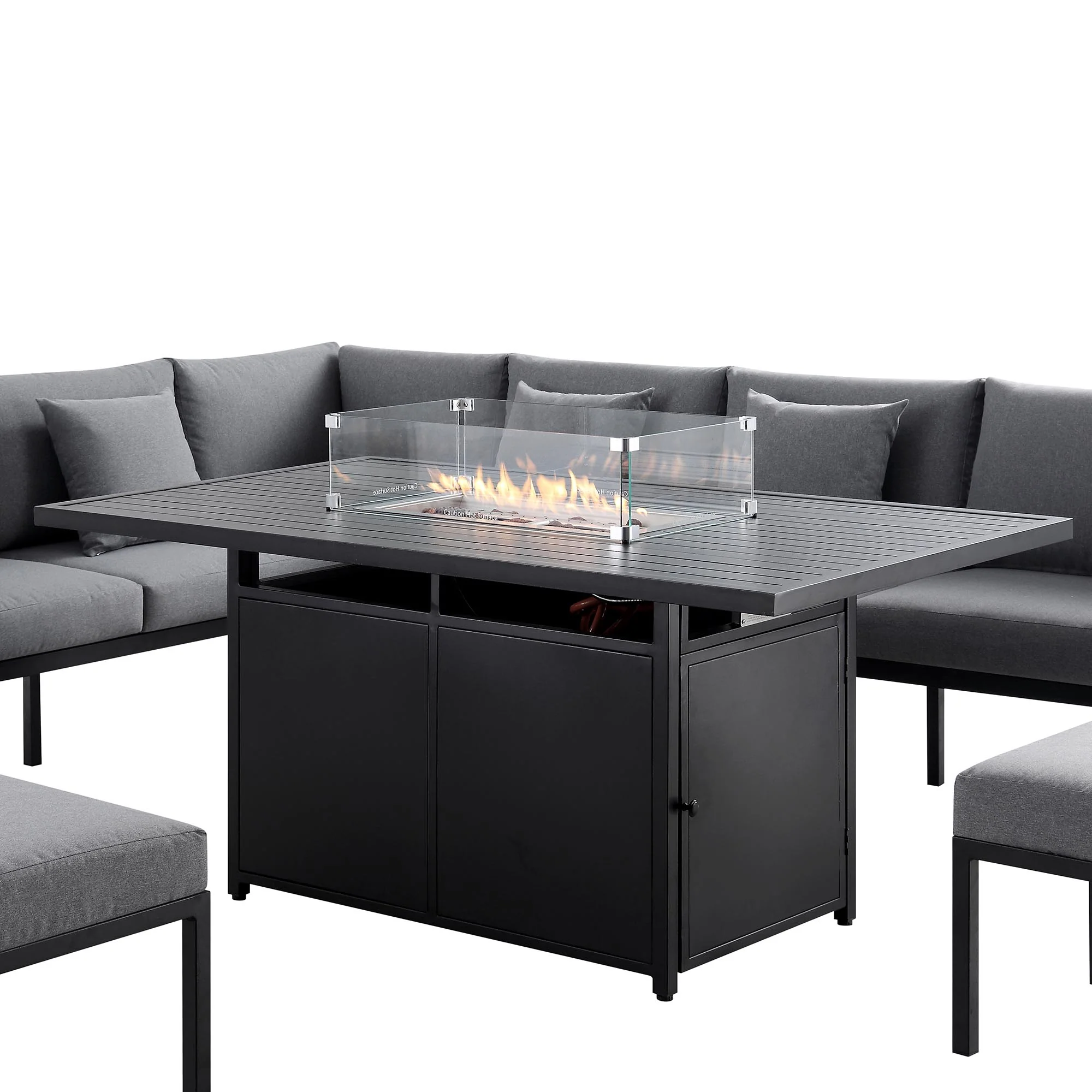 Calabasas Large Outdoor Fabric and Aluminium Corner Casual Dining Set with Firepit Table, Dark Grey - Image 10