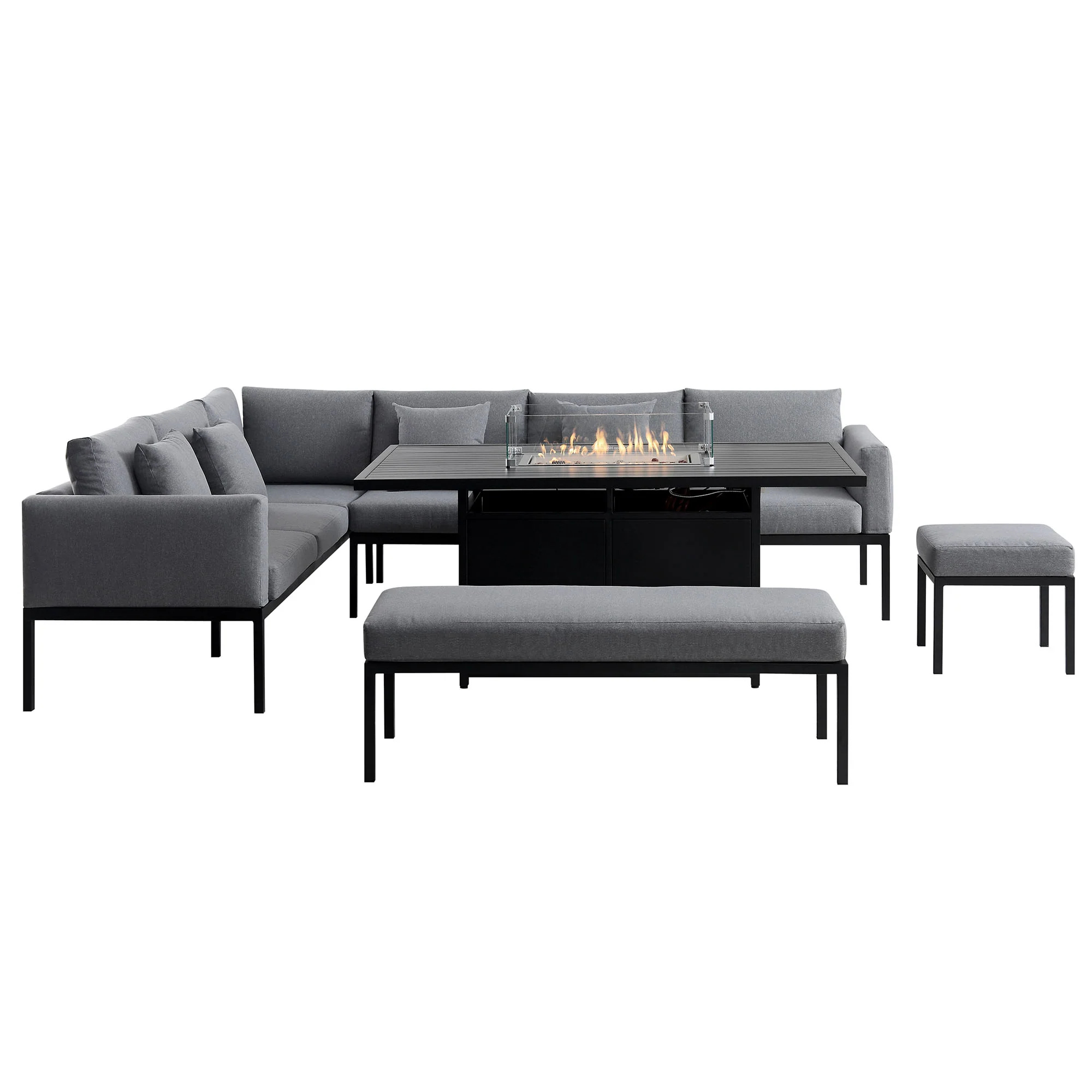 Calabasas Large Outdoor Fabric and Aluminium Corner Casual Dining Set with Firepit Table, Dark Grey - Image 7