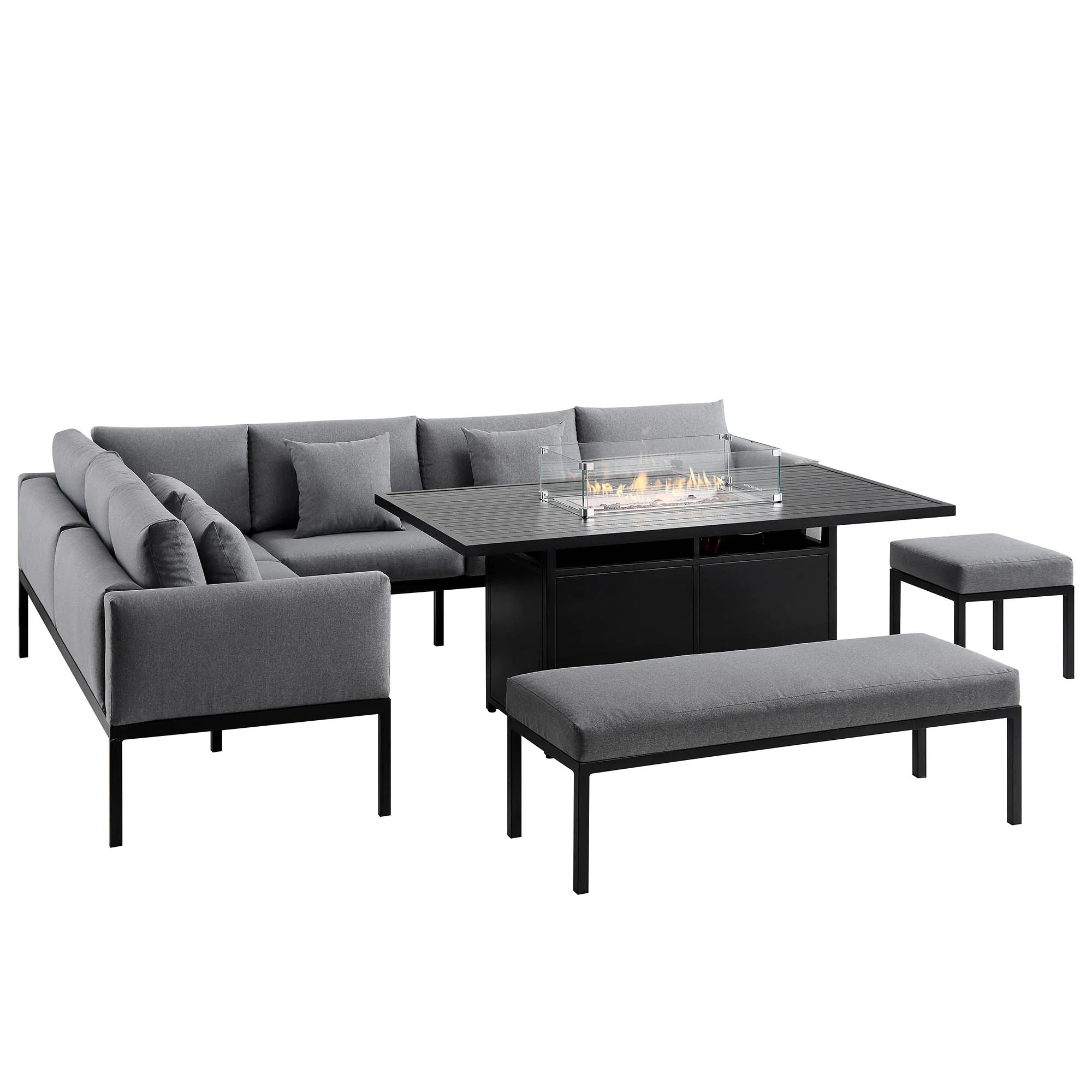 Calabasas Large Outdoor Fabric and Aluminium Corner Casual Dining Set with Firepit Table, Dark Grey - Image 8