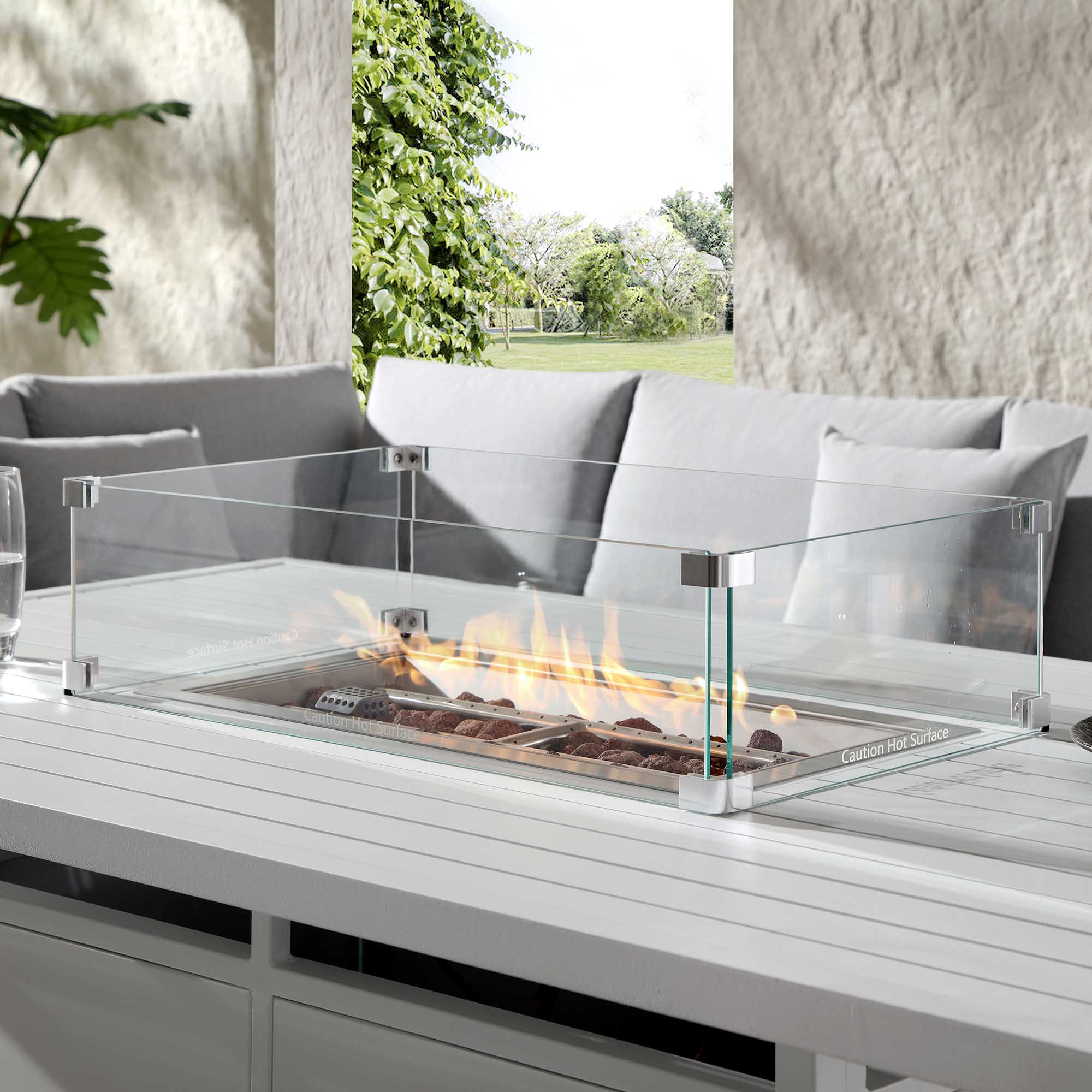 Calabasas Large Outdoor Fabric and Aluminium Corner Casual Dining Set with Firepit Table, Light Grey - Image 4