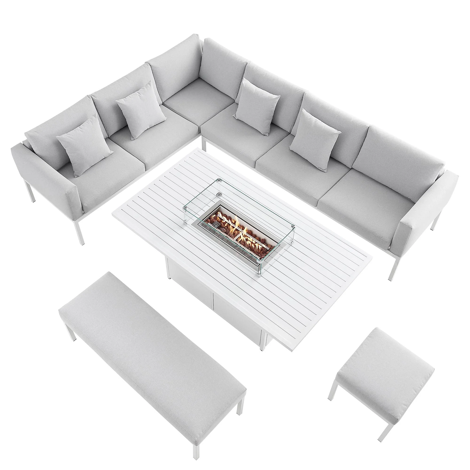 Calabasas Large Outdoor Fabric and Aluminium Corner Casual Dining Set with Firepit Table, Light Grey - Image 5