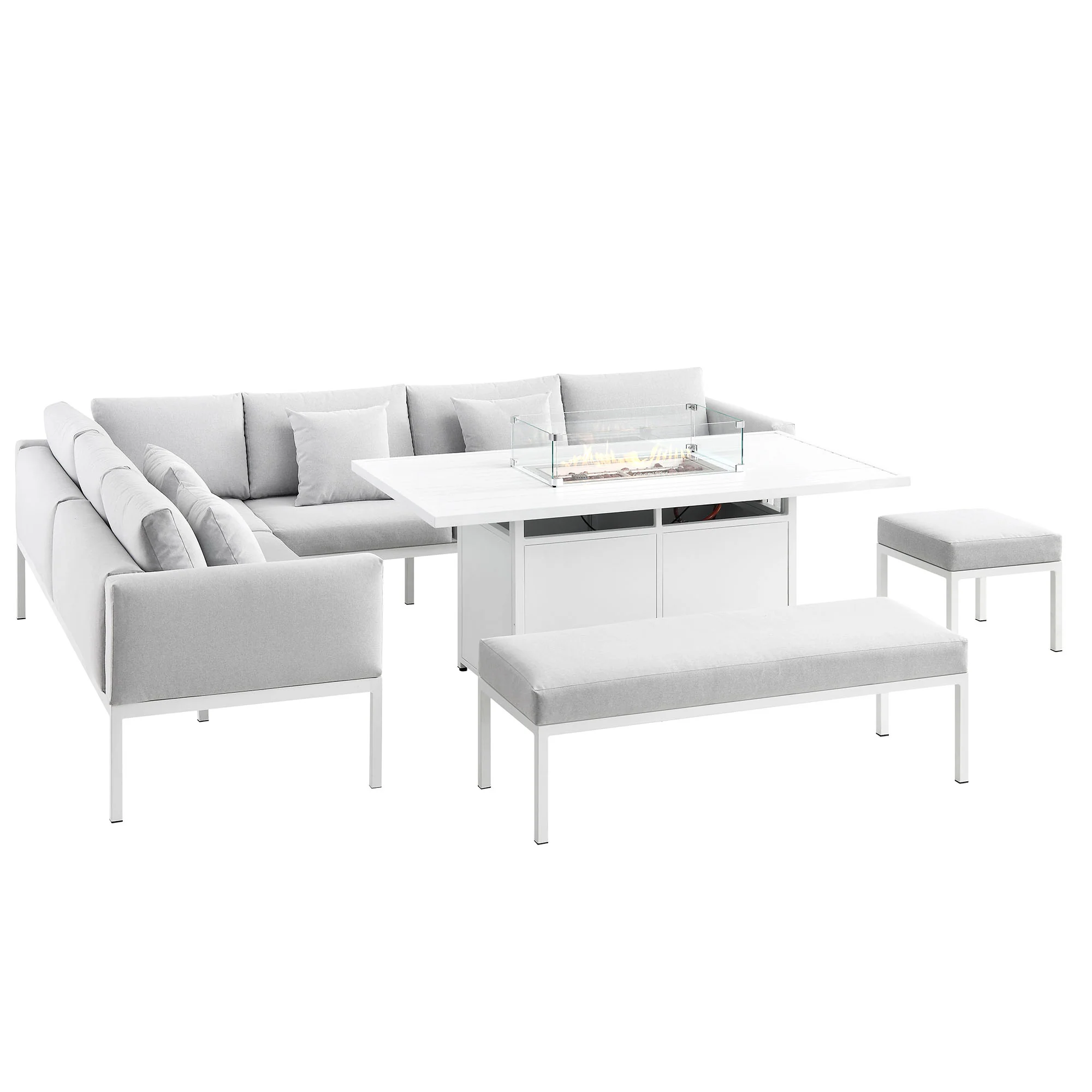 Calabasas Large Outdoor Fabric and Aluminium Corner Casual Dining Set with Firepit Table, Light Grey - Image 9