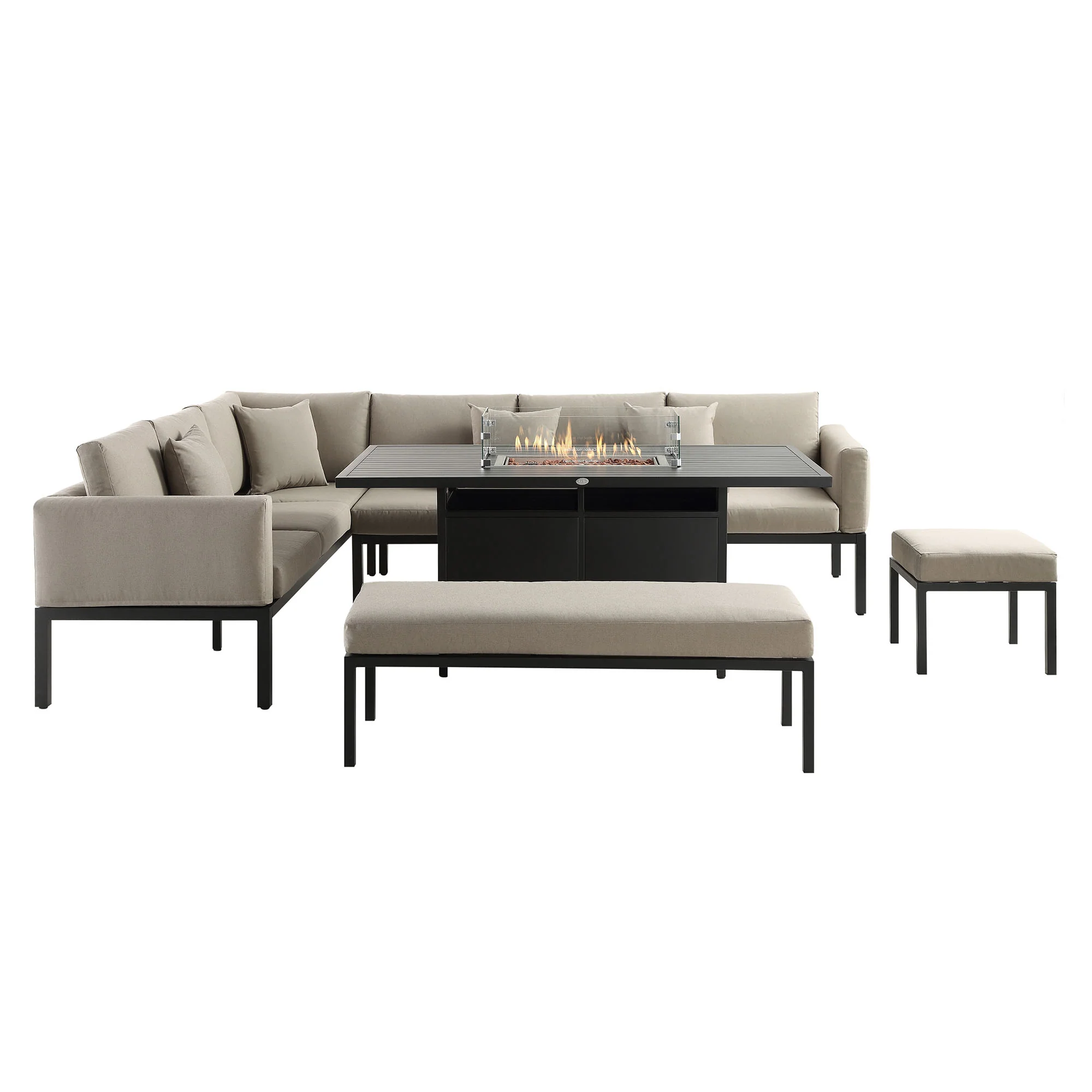 Calabasas Large Outdoor Fabric and Aluminium Corner Casual Dining Set with Firepit Table, Taupe - Image 5
