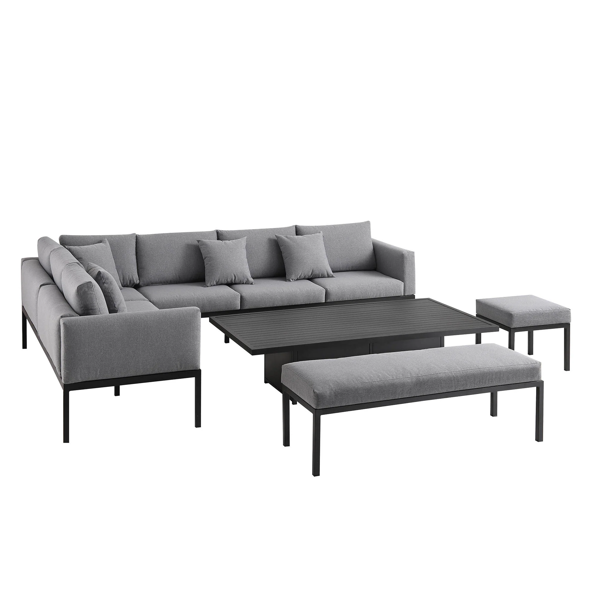 Calabasas Large Outdoor Fabric and Aluminium Corner Casual Dining Set with Rising Table, Dark Grey - Image 11