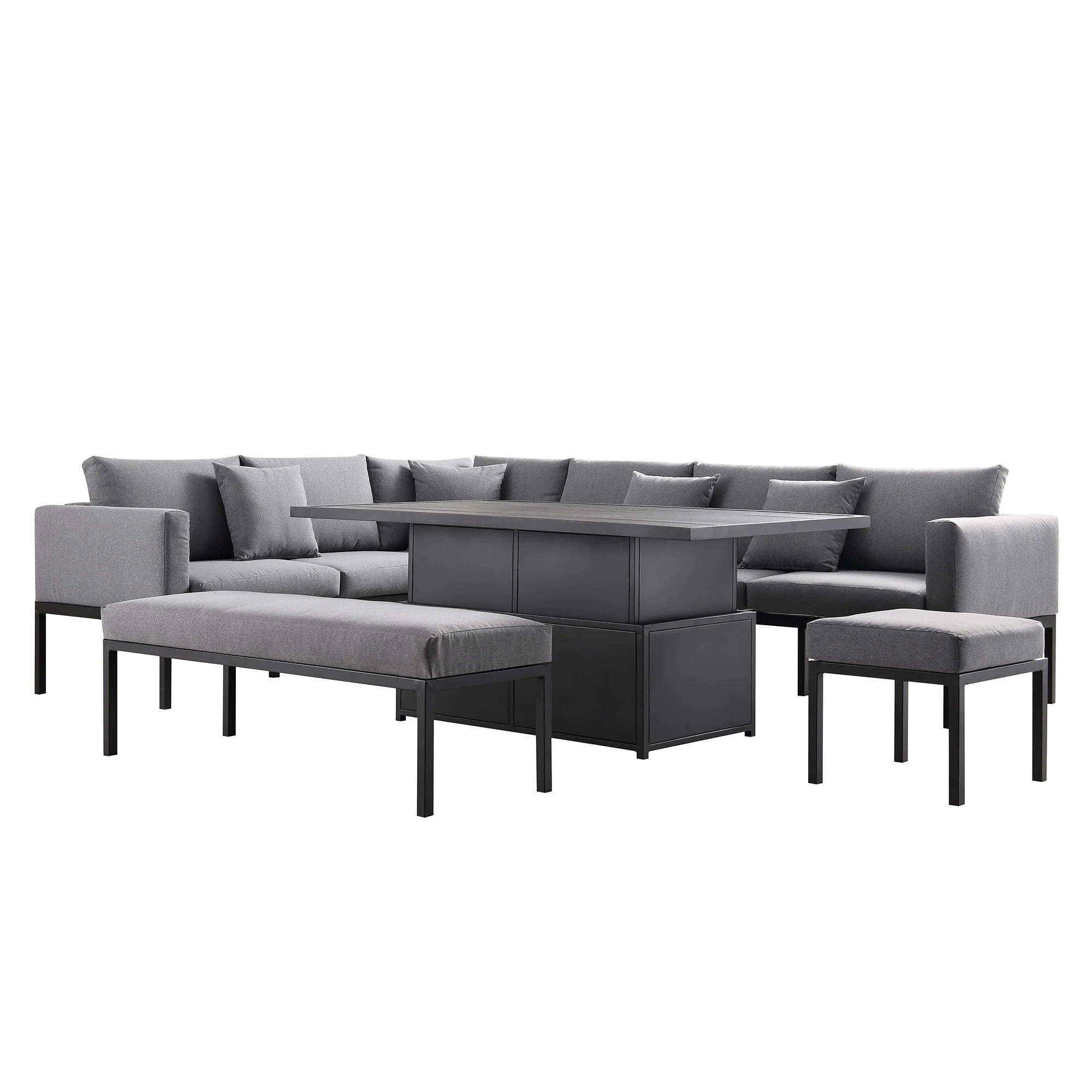 Calabasas Large Outdoor Fabric and Aluminium Corner Casual Dining Set with Rising Table, Dark Grey - Image 13