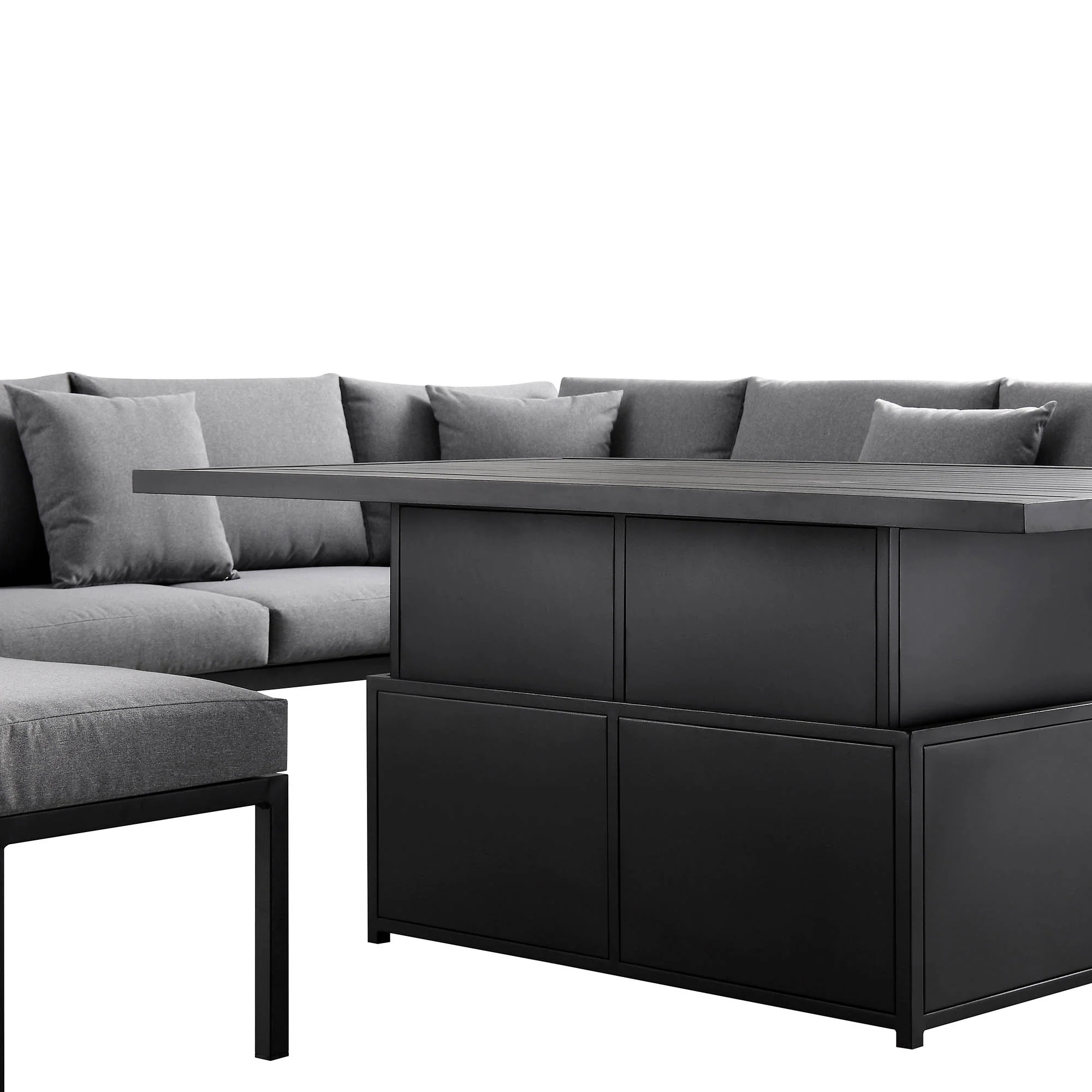 Calabasas Large Outdoor Fabric and Aluminium Corner Casual Dining Set with Rising Table, Dark Grey - Image 15