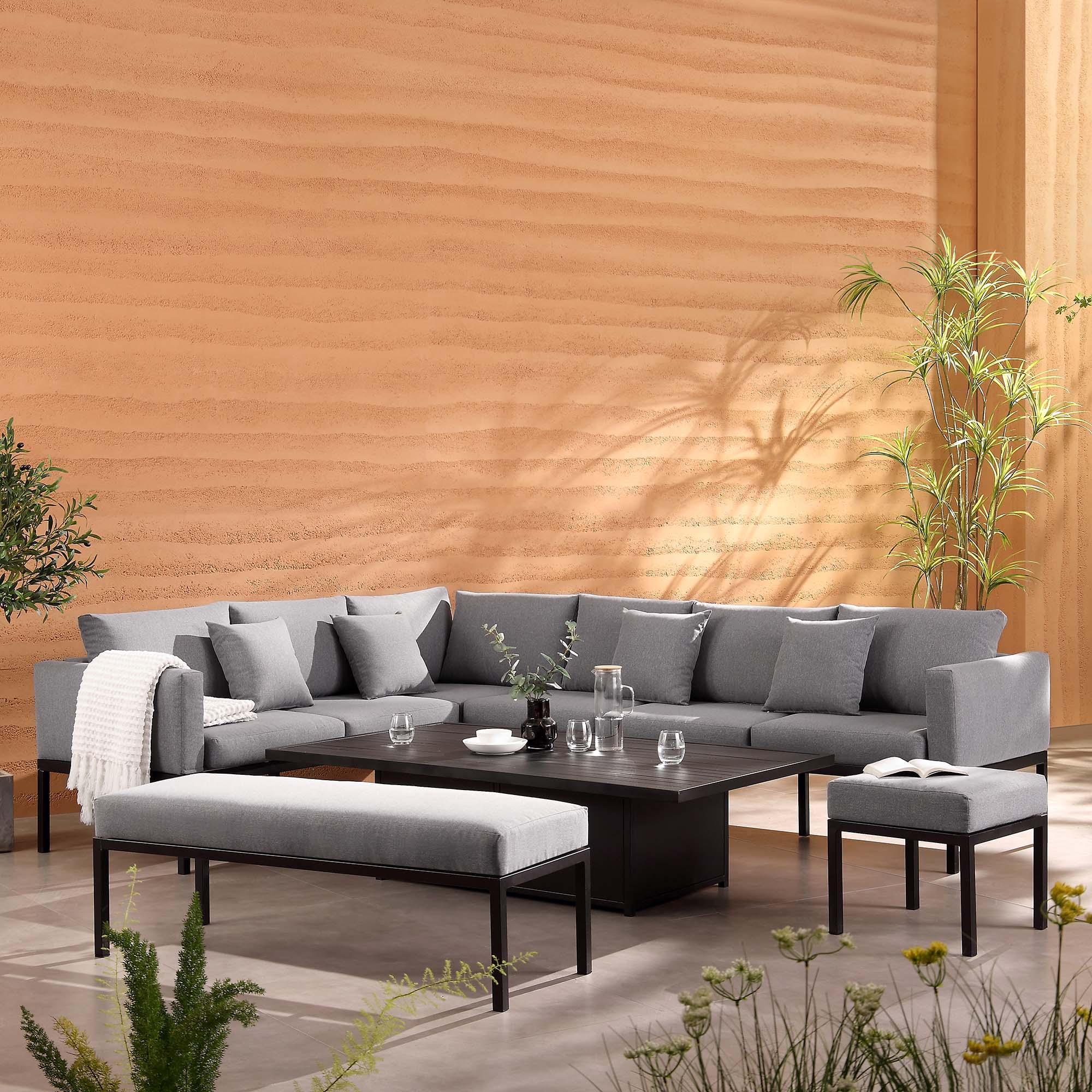 Calabasas Large Outdoor Fabric and Aluminium Corner Casual Dining Set with Rising Table, Dark Grey - Image 3