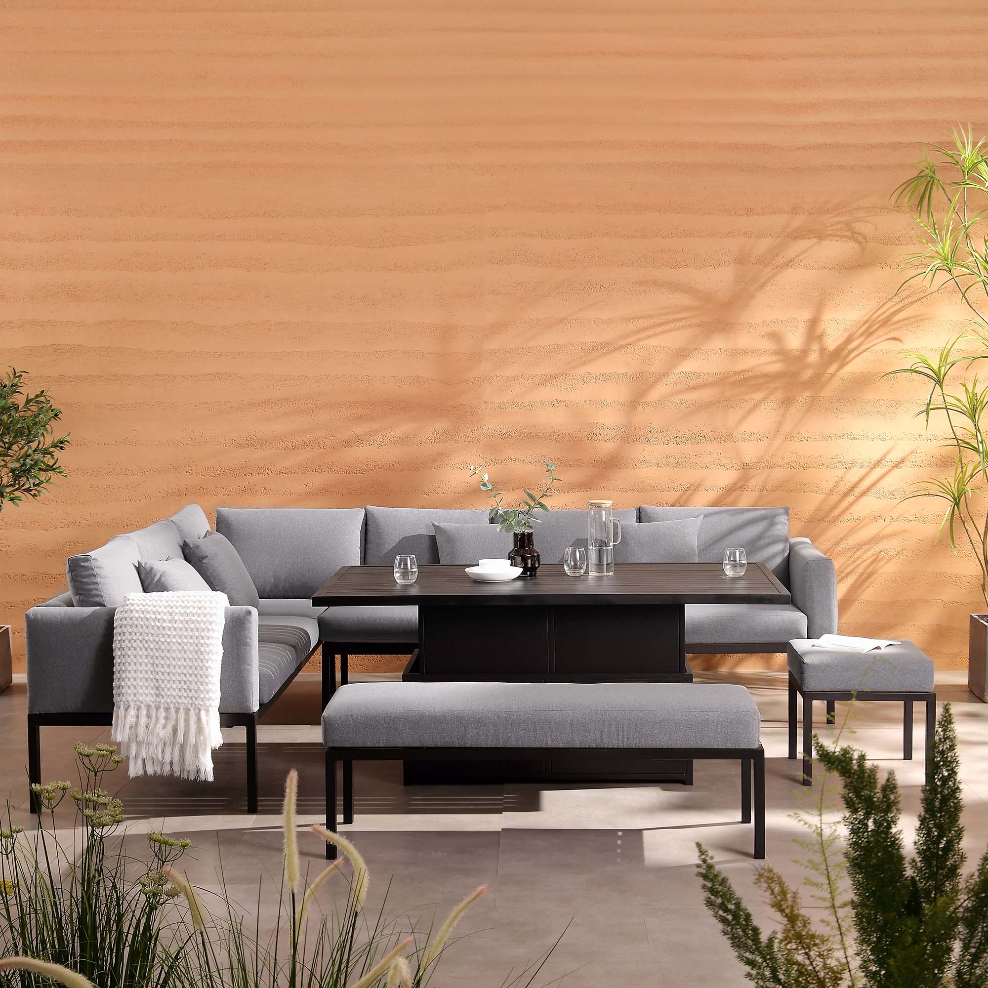 Calabasas Large Outdoor Fabric and Aluminium Corner Casual Dining Set with Rising Table, Dark Grey - Image 4