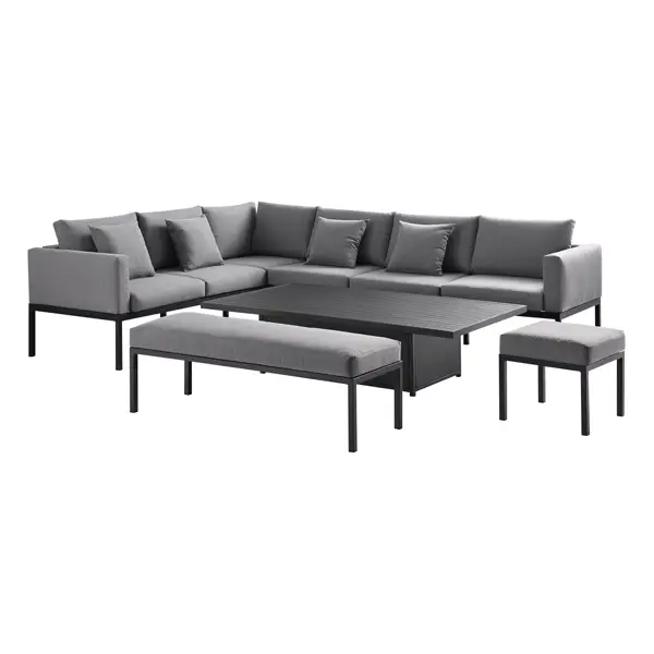 Calabasas Large Outdoor Fabric and Aluminium Corner Casual Dining Set with Rising Table, Dark Grey - Image 5