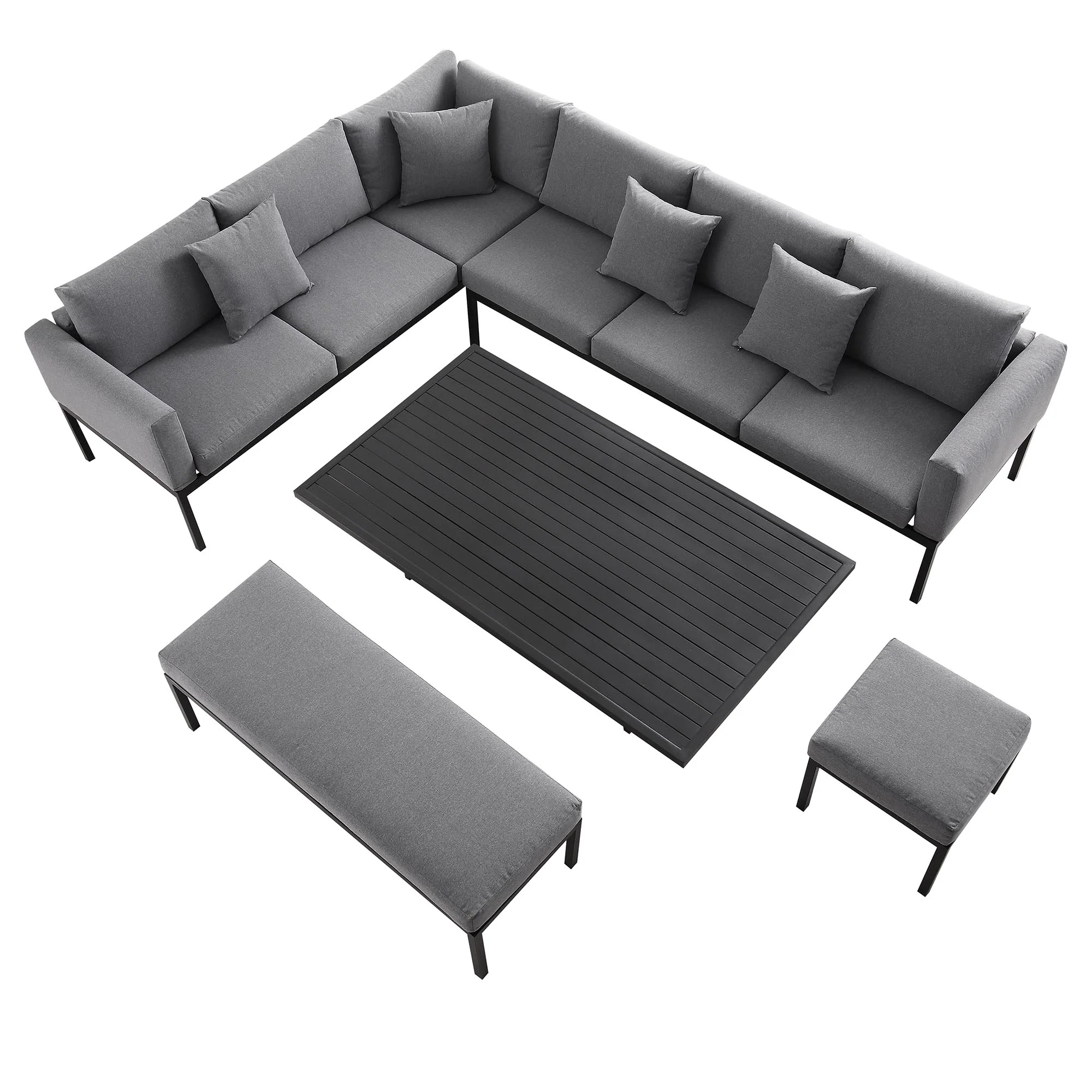 Calabasas Large Outdoor Fabric and Aluminium Corner Casual Dining Set with Rising Table, Dark Grey - Image 9