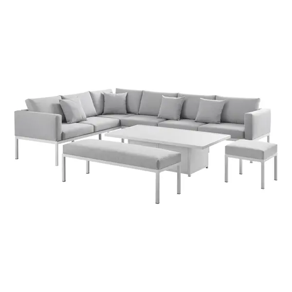 Calabasas Large Outdoor Fabric and Aluminium Corner Casual Dining Set with Rising Table, Light Grey - Image 4