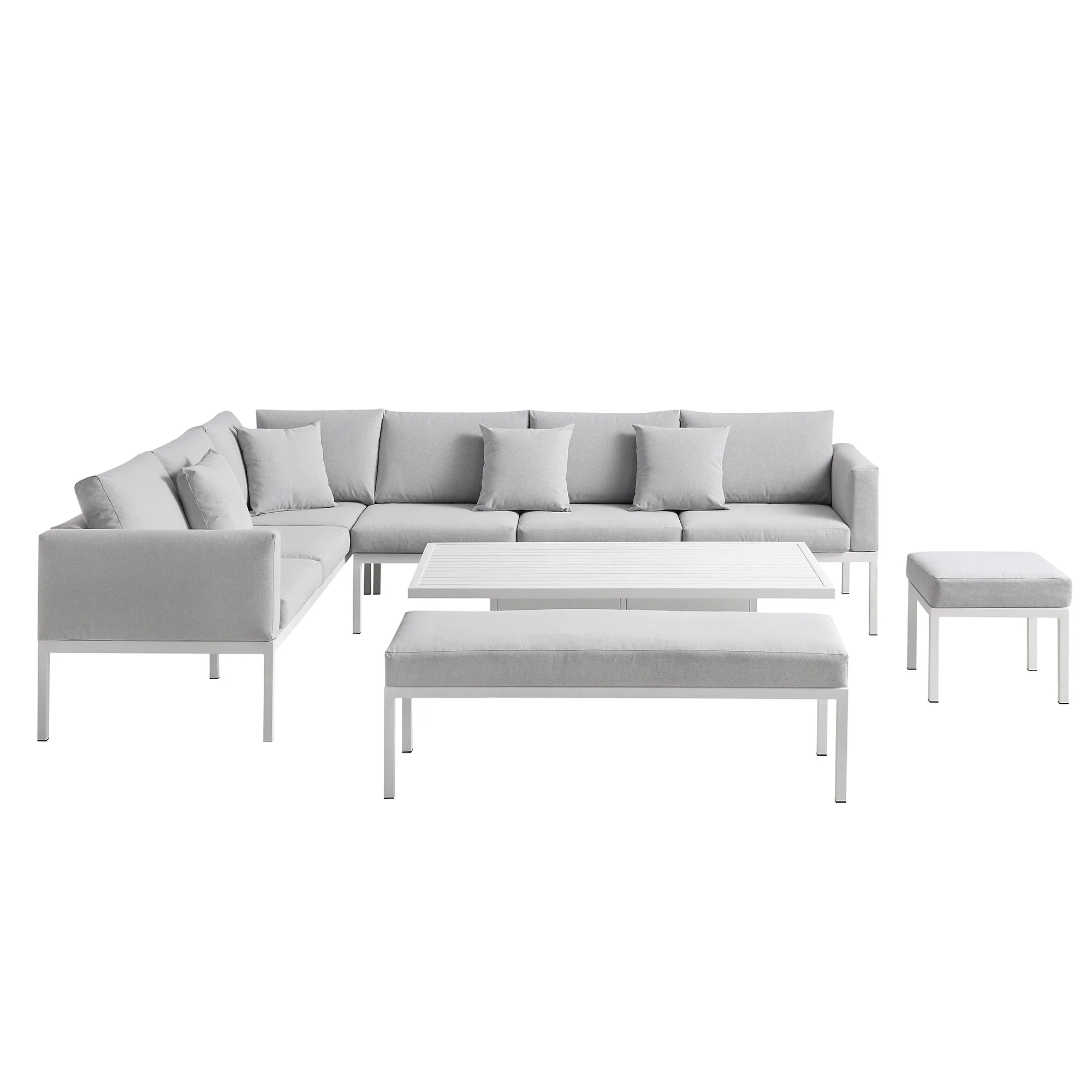 Calabasas Large Outdoor Fabric and Aluminium Corner Casual Dining Set with Rising Table, Light Grey - Image 9