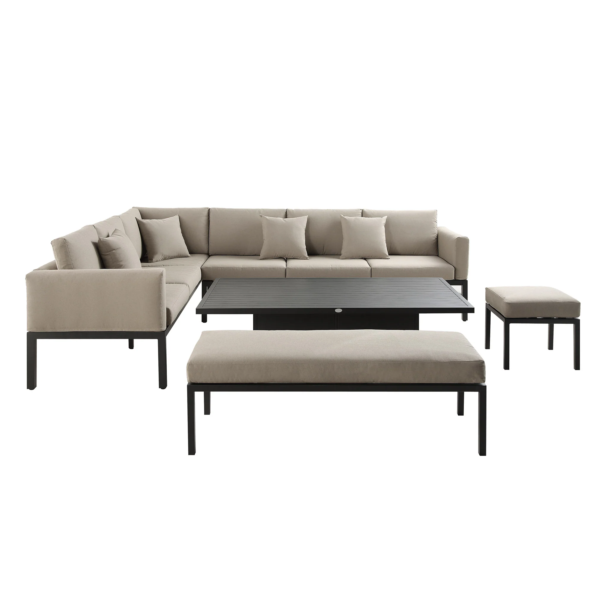 Calabasas Large Outdoor Fabric and Aluminium Corner Casual Dining Set with Rising Table, Taupe - Image 8