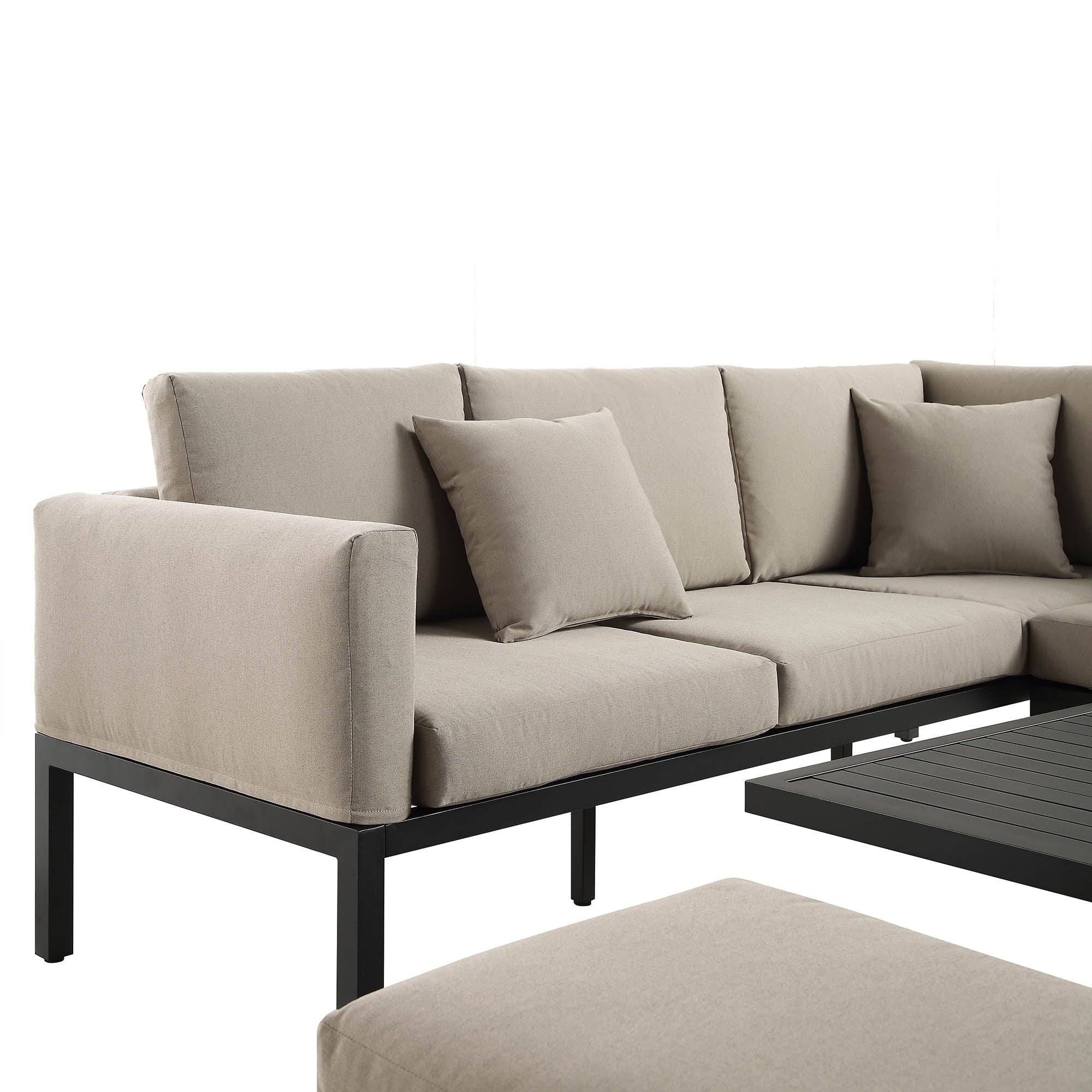 Calabasas Large Outdoor Fabric and Aluminium Corner Casual Dining Set with Rising Table, Taupe - Image 9